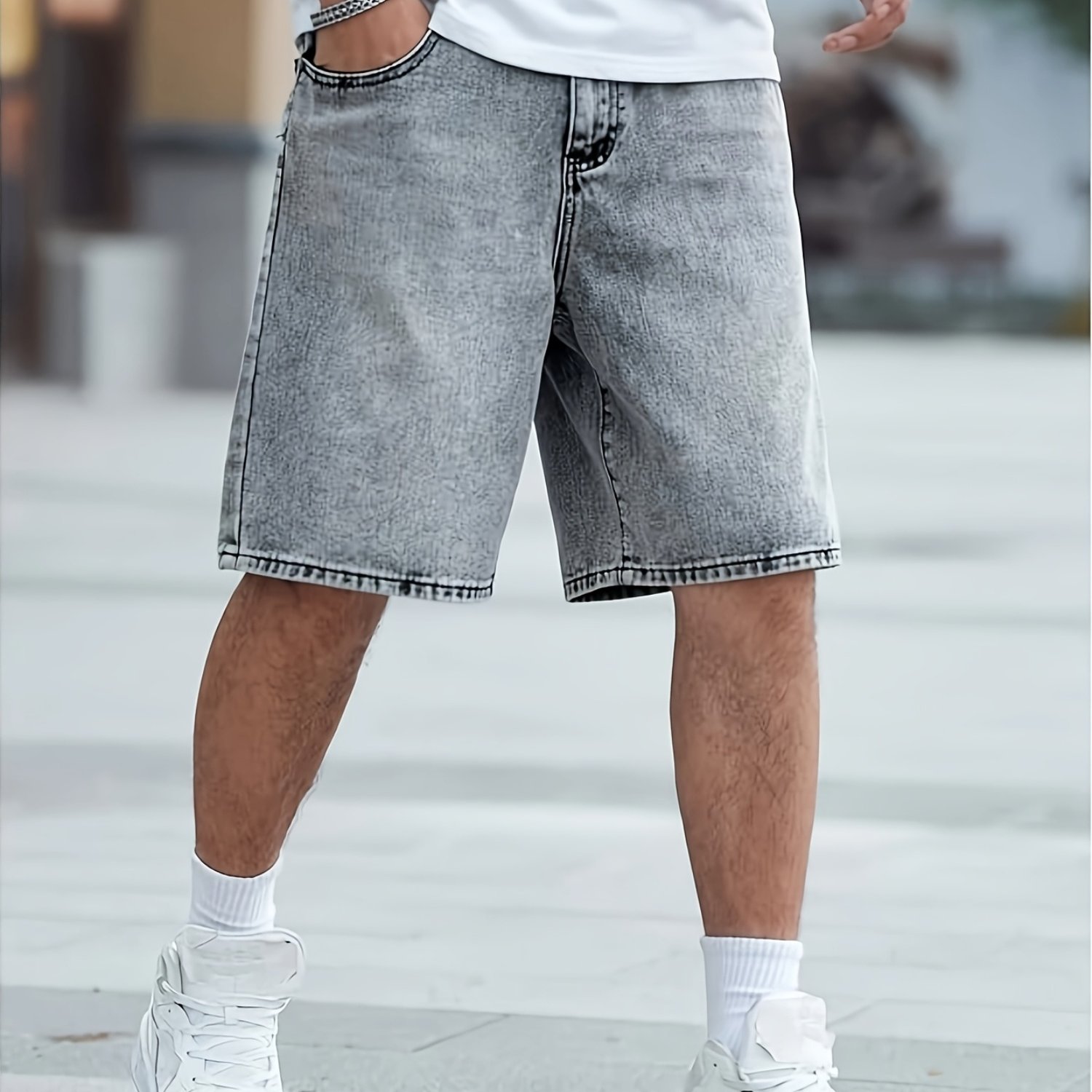 TEMU Men's Vintage Washed Gray Denim Bermuda Shorts, Loose Straight Knee-length Shorts, Style Trendy All-match Casual Denim Mid-length Shorts