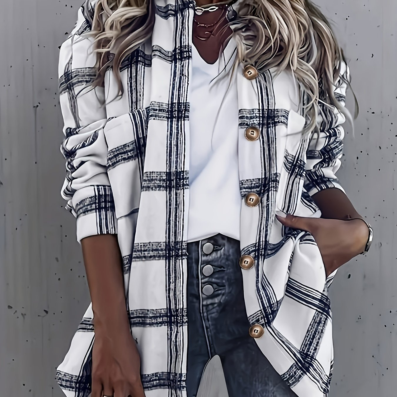 Fashionable Casual Plaid Print Lapel Long-sleeve Pocket Loose-fit Long Shirt Top