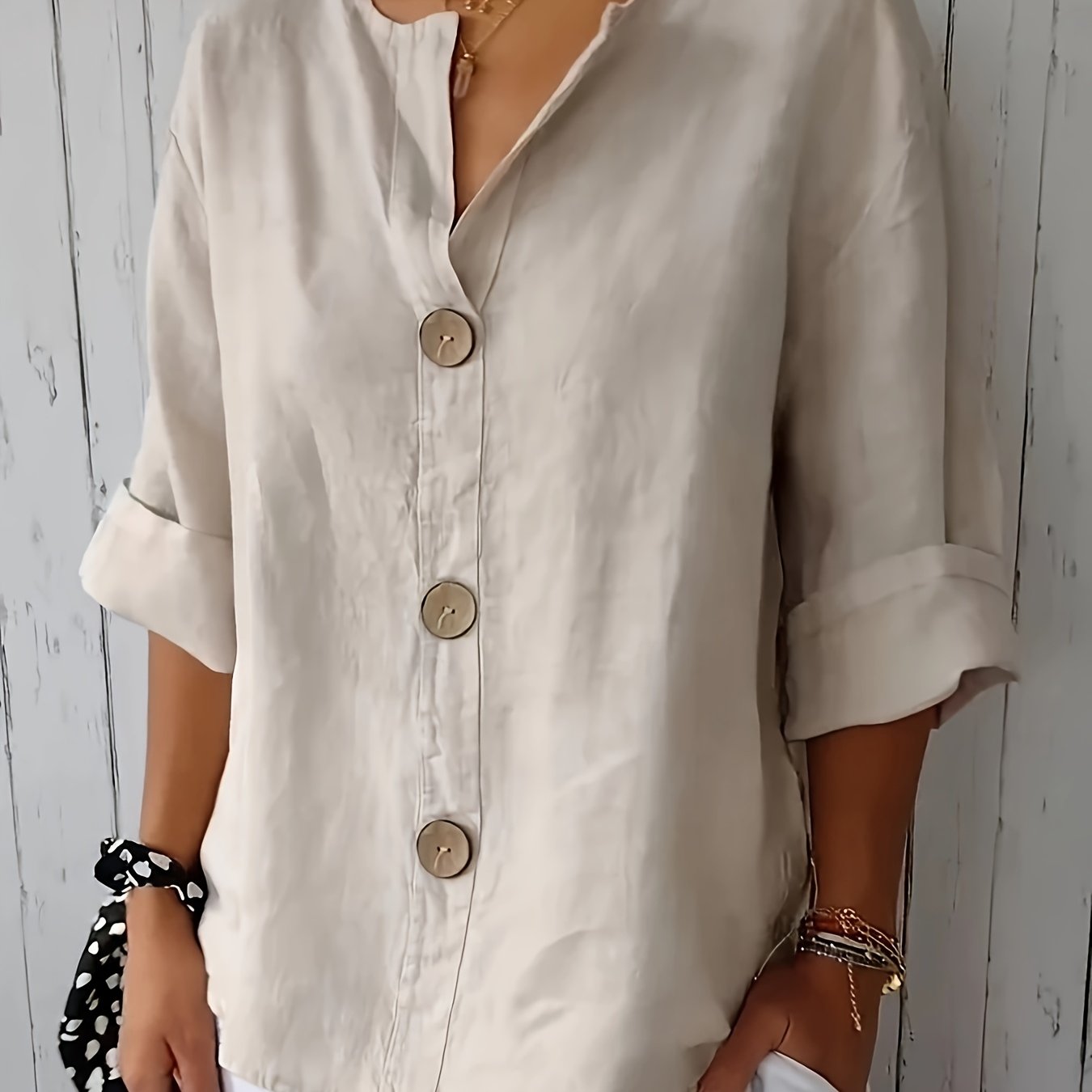 Image of Fashionable Women's Casual Button-up Shirt, Loose Fit, Perfect For Casual Wear Or Vacation | Decorative Button Design | Non-stretch Material, 100% Shirt