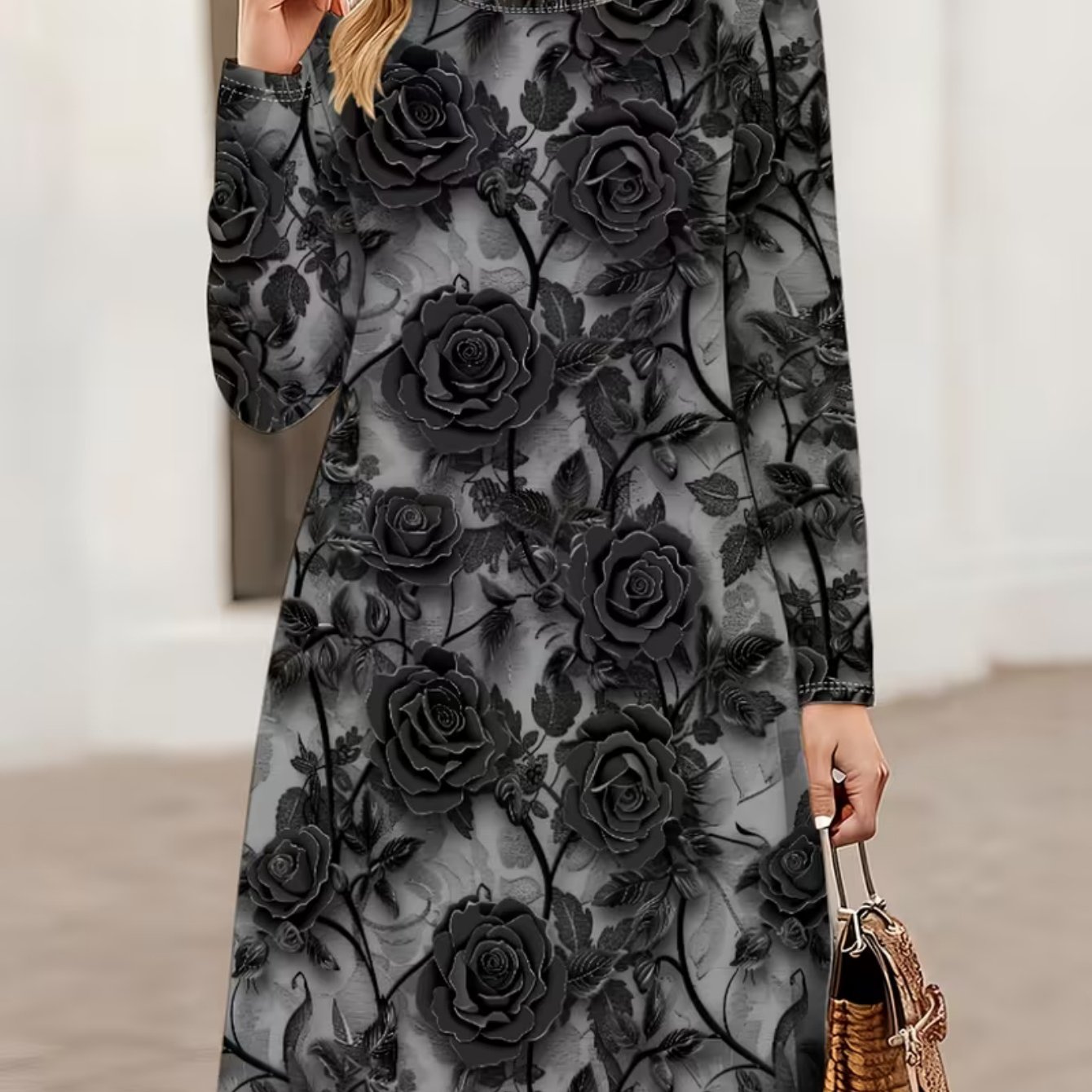 Plus Size - Comfortable And Stylish 3d Printed Long-sleeve Dress, Classic And , With Bright And