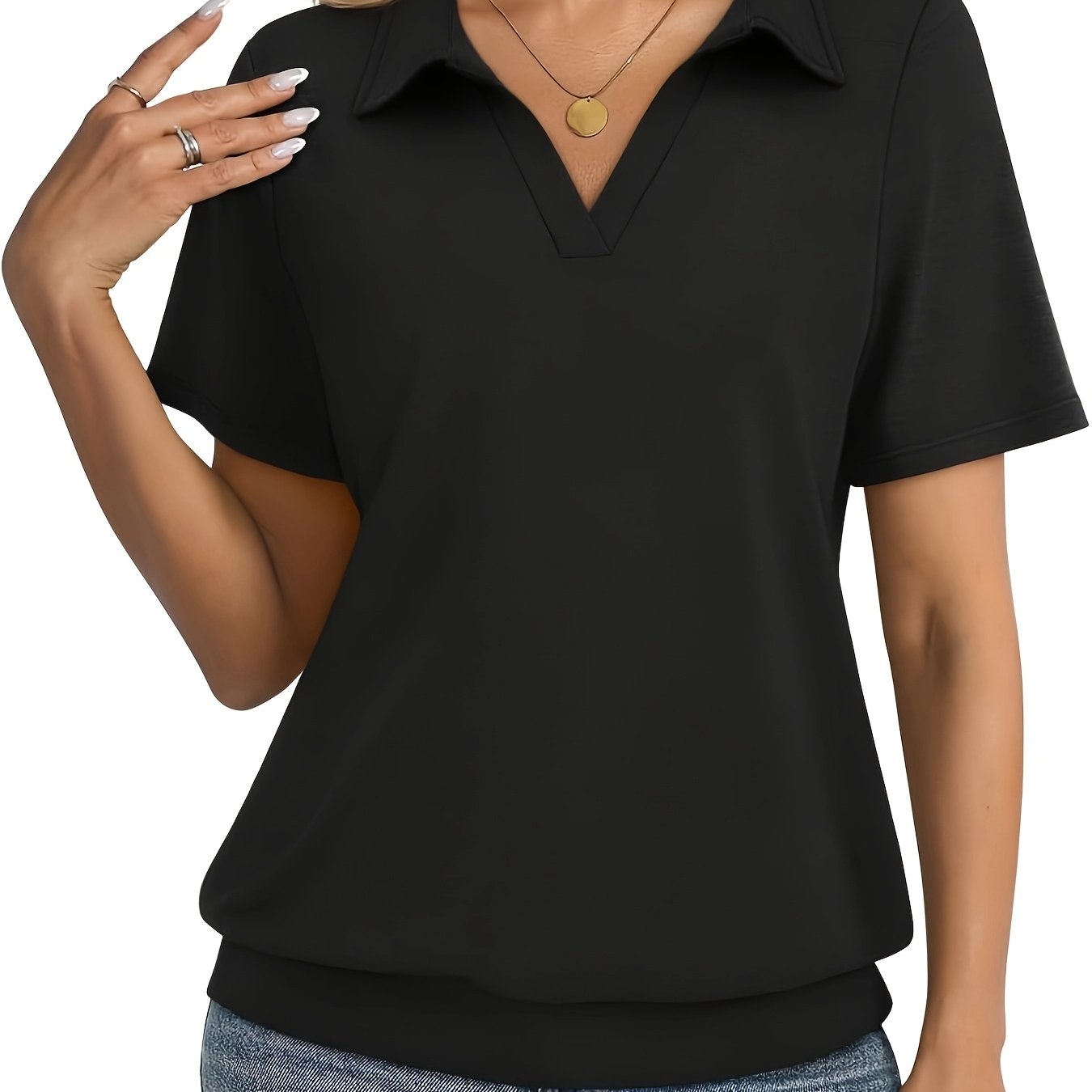 E-shop Sommerliches neues europäisches amerikanisches Damen-Polohemd mit kurzen Ärmeln gesäumtem Saum, Business-Casual T-Shirt-Top