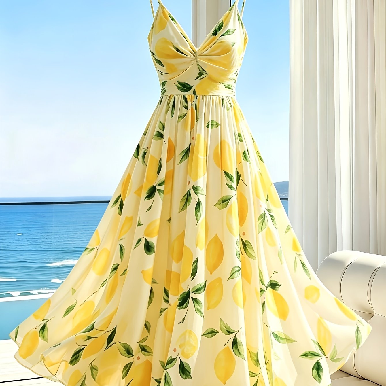 TEMU Women's Summer Style Print Backless Camisole Dress, V-neck A-line Casual Vacation Maxi Skirt