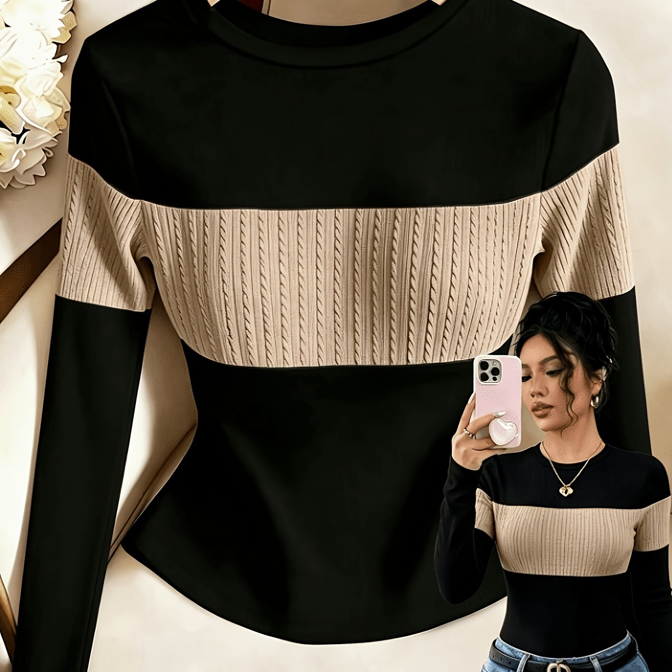 TEMU Women's Color- Crewneck Slim-fit Long-sleeve T-shirt, A Design For Autumn/winter That A Effect. Suitable For Commuting, Office Wear, Daily ,