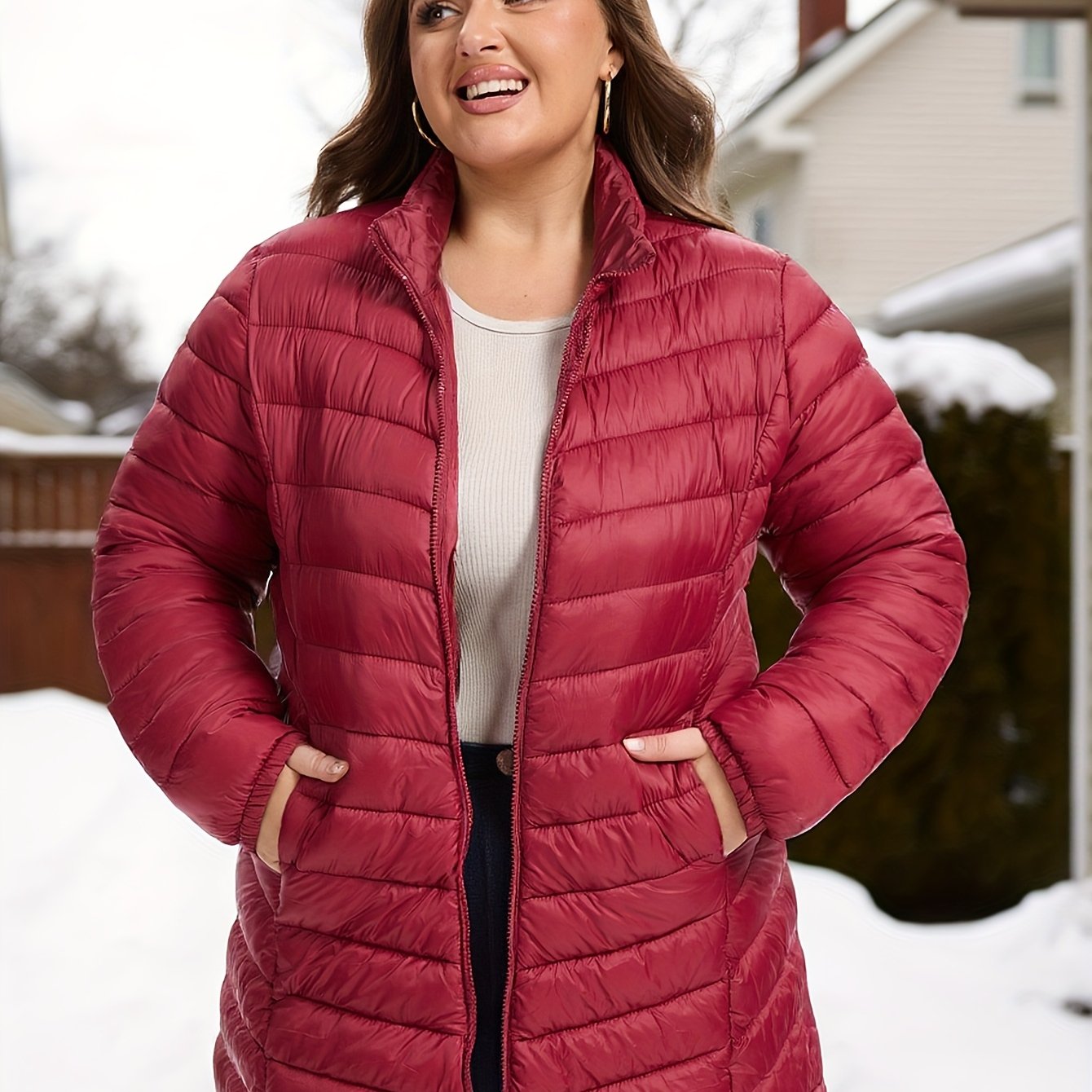 Plus Size - Plus Size - Plus Size Women's Casual Solid Mid-length Jacket With Zipper And Pockets
