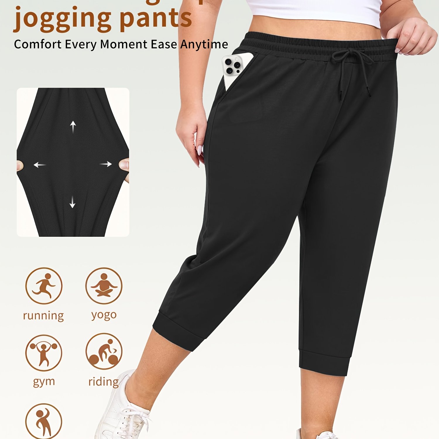 TEMU Plus Size High-waist Drawstring Side-slotted Casual Capri Pants, Jogging Trousers, Loose Fit