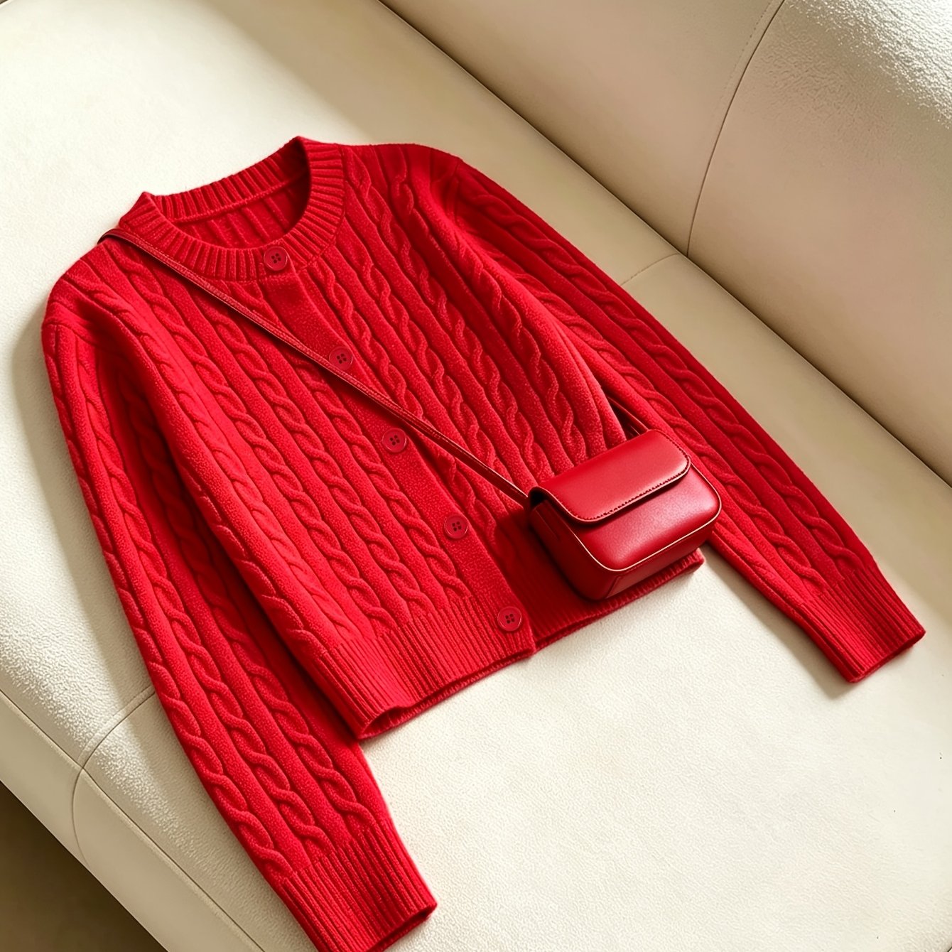 TEMU Women's Cardigan Jacket, College Style Short Coat, Elegant Solid Color Loose Cable Single-button Sweater, Korean Style Round Neck Long Sleeve
