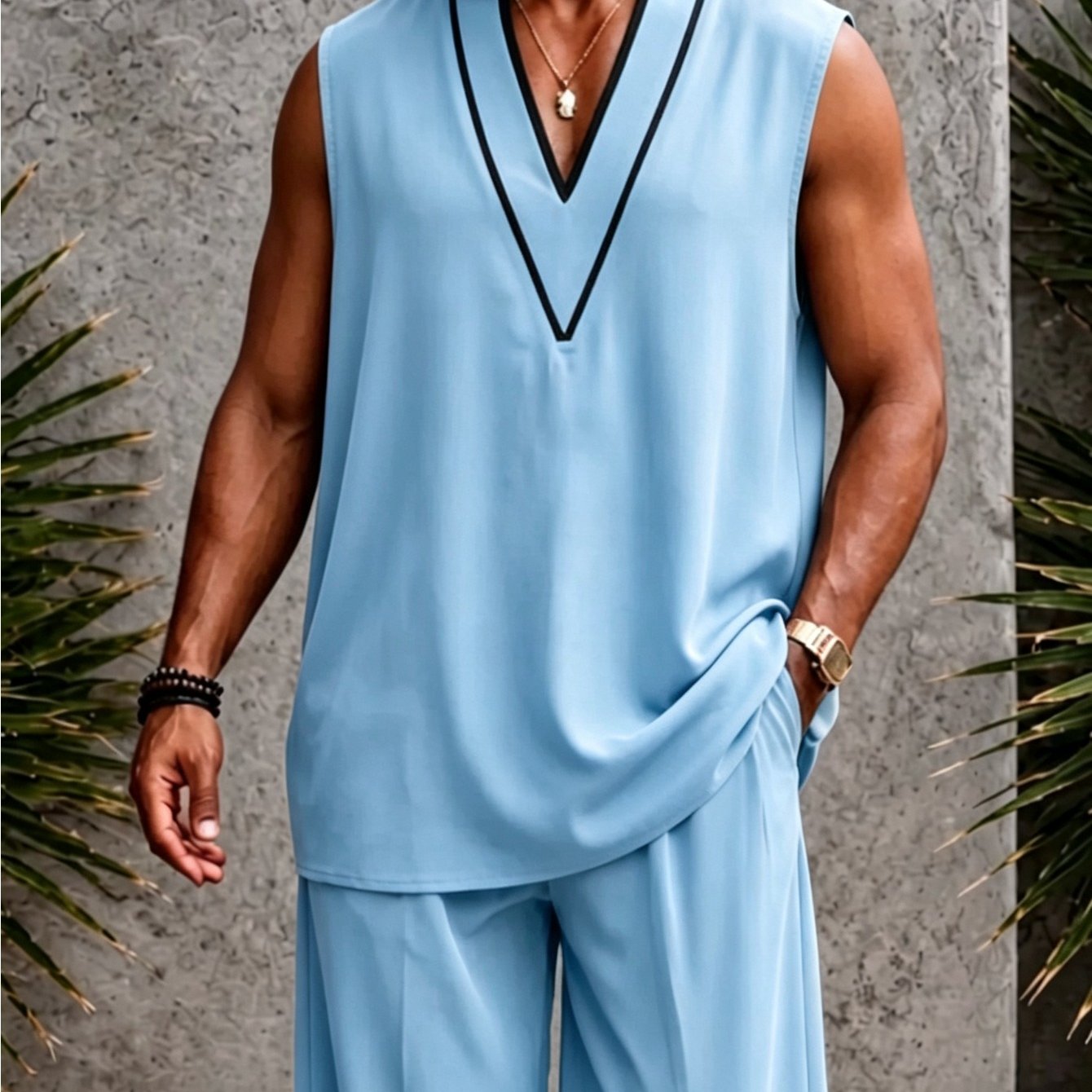 Image of Men's 2pcs Sleeveless Set With Contrasting Black Trim, Deep V-neck Tank Top, Loose Wide-leg Pants, Summer Beach Casual Outfit