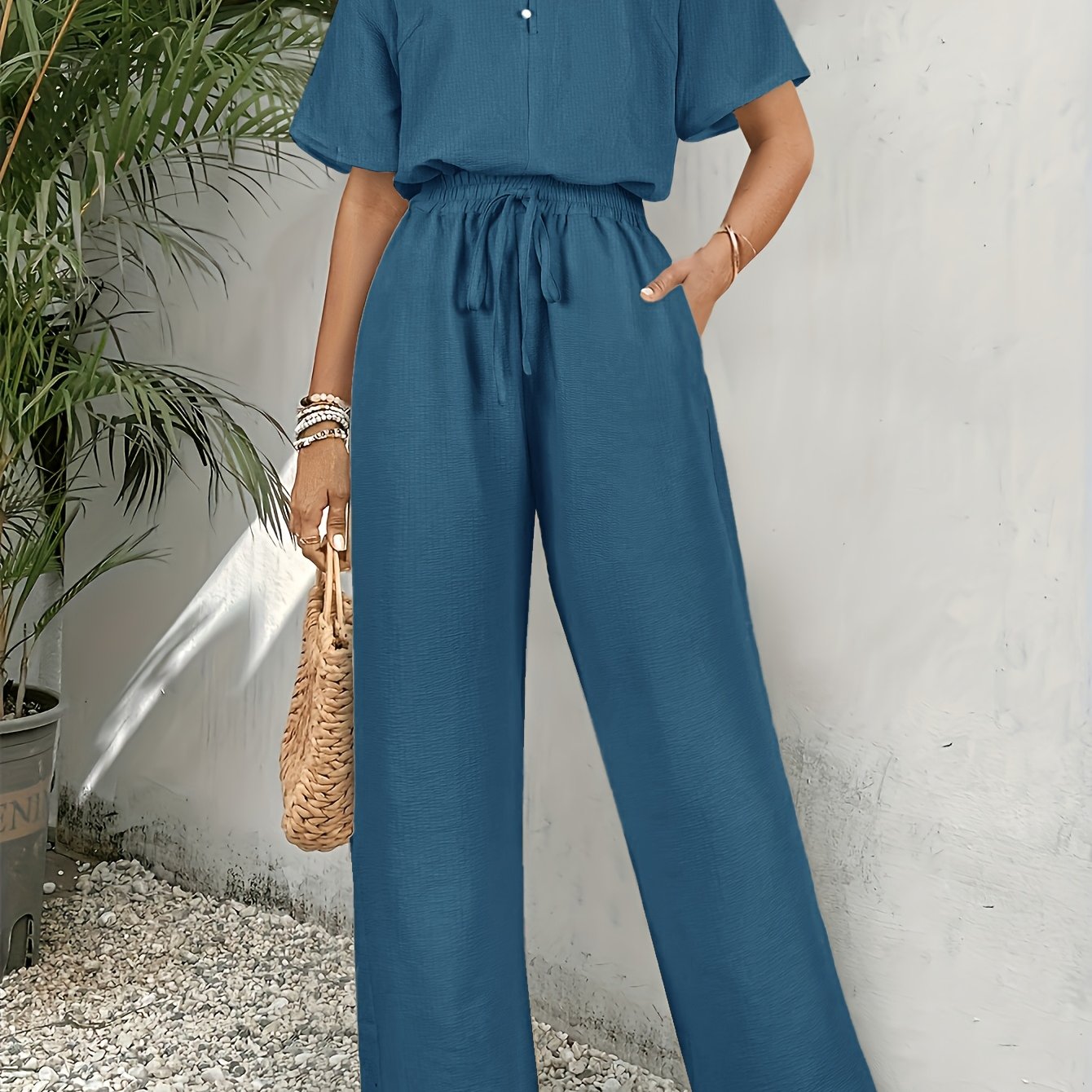 Chic Bohemian V-neck Batwing Sleeve Top And Elastic Waist Flared Pants Set For Women