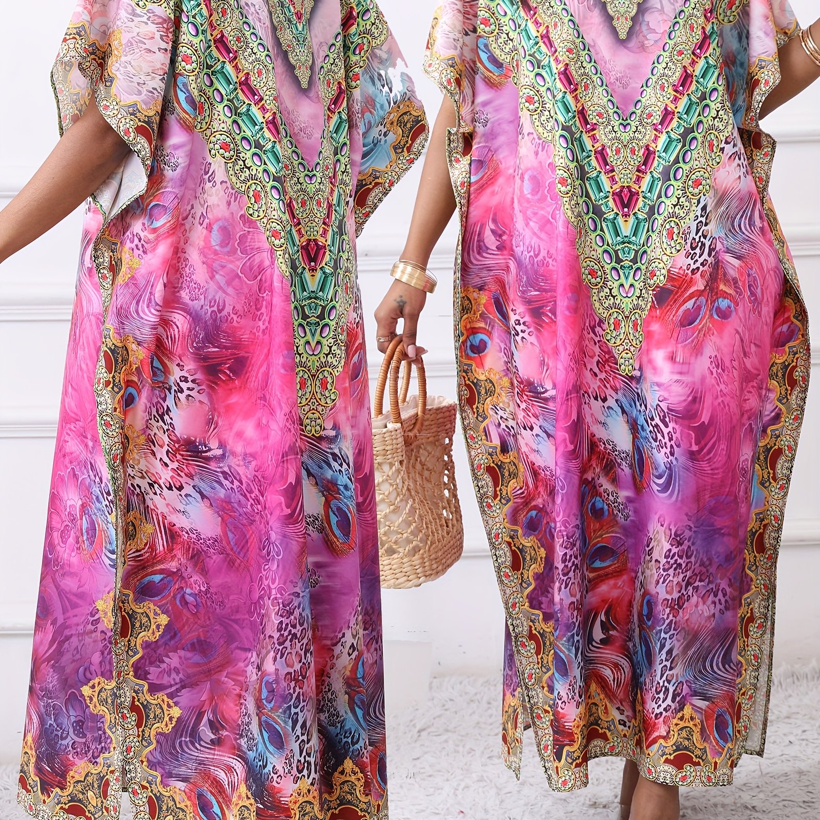 E-shop Plus Size Pullover Hoodie Damen Lockerer V-Ausschnitt Farbverlauf Kurzarm Schlitz Langes Urlaubs Maxi Kleid Robe
