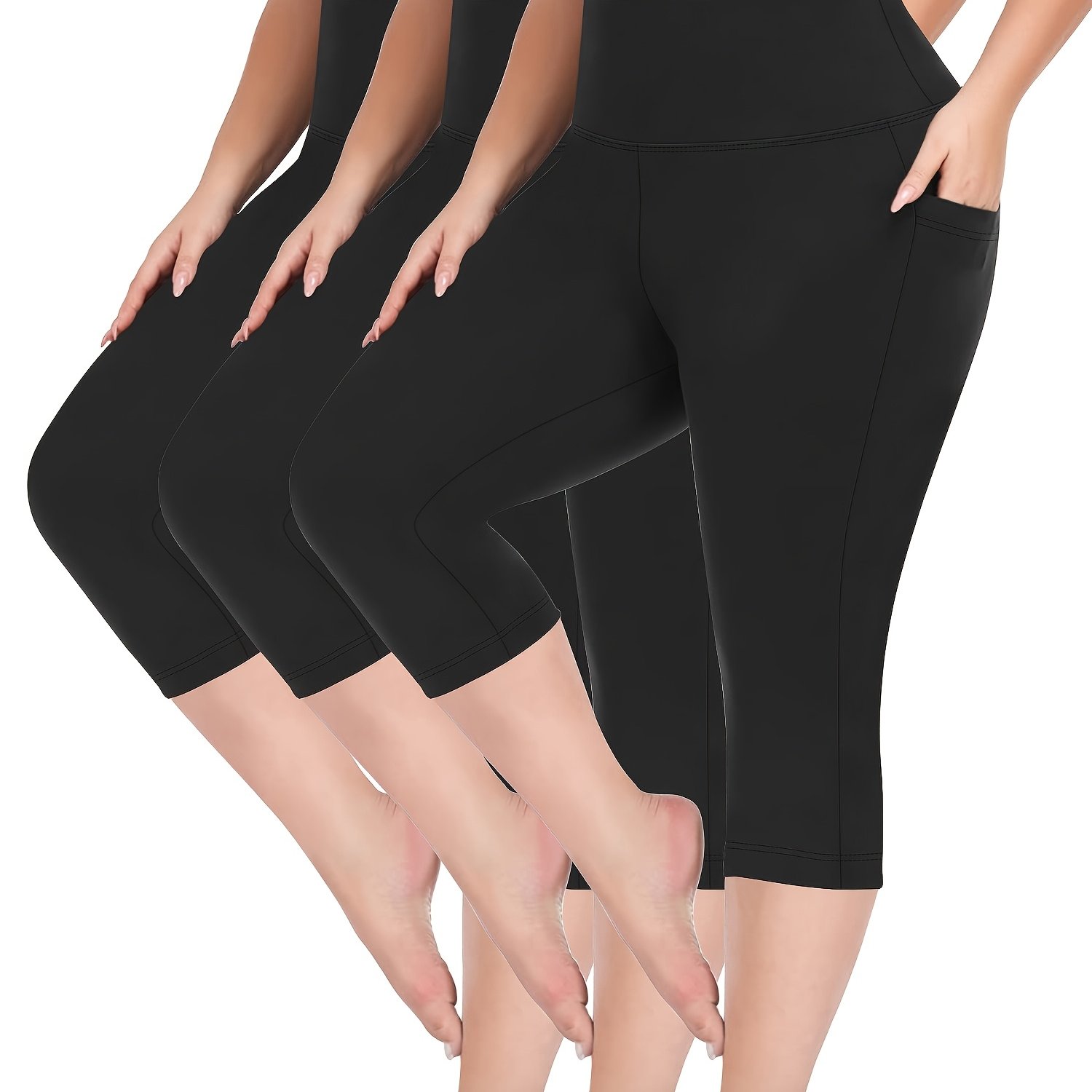 E-shop Plus Size - 3er Set - High-Waist Caprihose mit in großen Größen - Bequeme, einfarbige Hose - Neue Frühlings- und Sommerkollektion