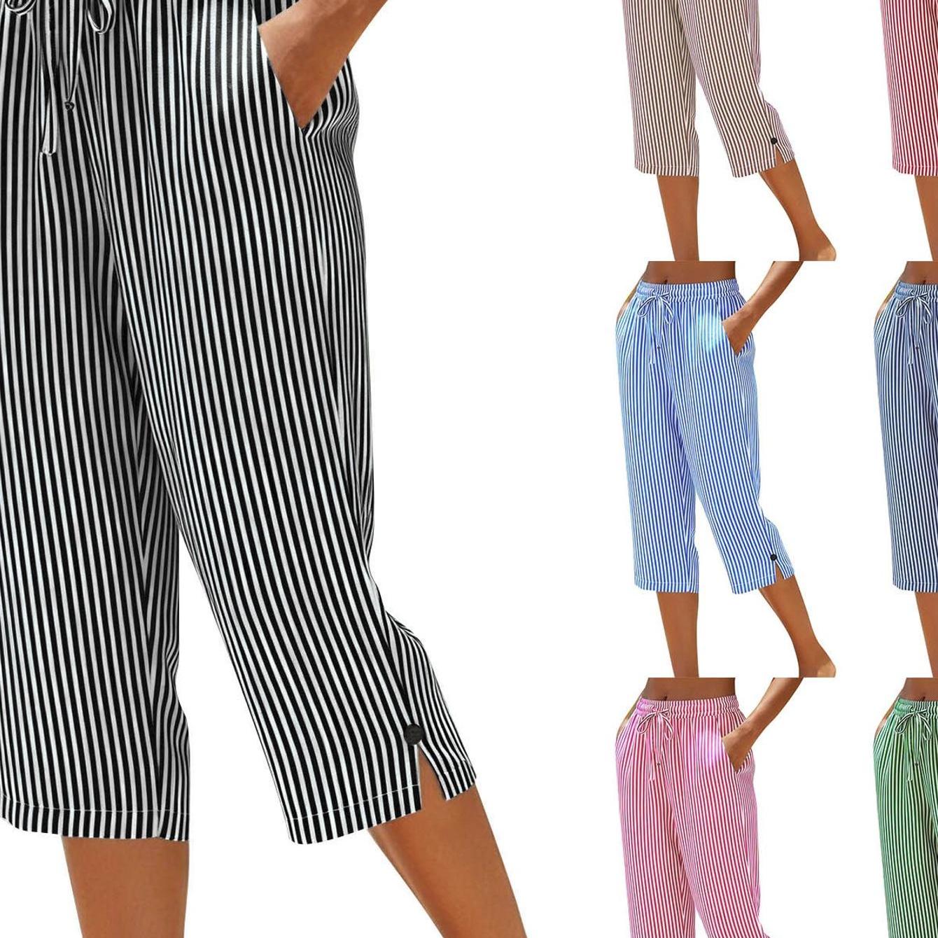 Women's Striped Cropped Trousers Button And Elastic Waist With Adjustable Drawstring Relaxed Straight For Casual Office Wear Weekend City , Versatile Tailored Pants For