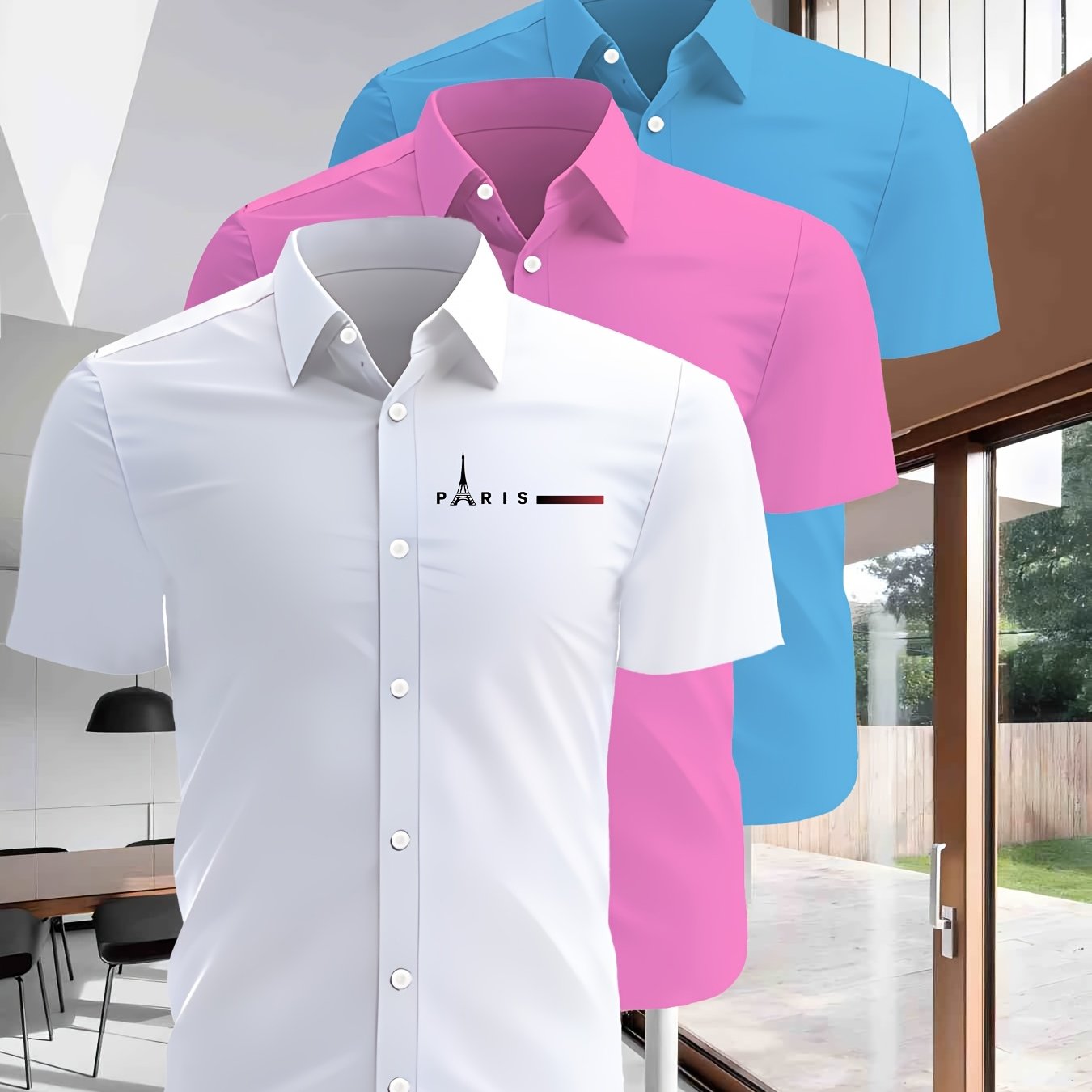 TEMU 3pcs Men's Denim Print Short Sleeve Shirt Set - Western Style Blue Denim Pattern, White Piping Collar, Casual Button Front, Machine Washable
