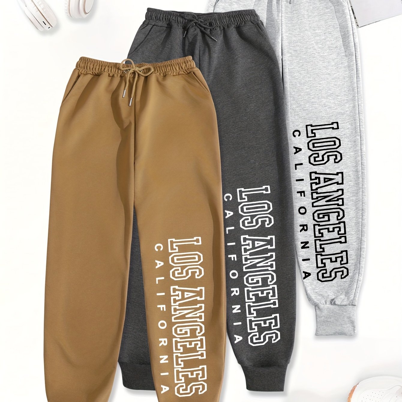 TEMU Set Of 3 Letter Print Trousers, Comfortable Elastic Waist Casual Pants For Women