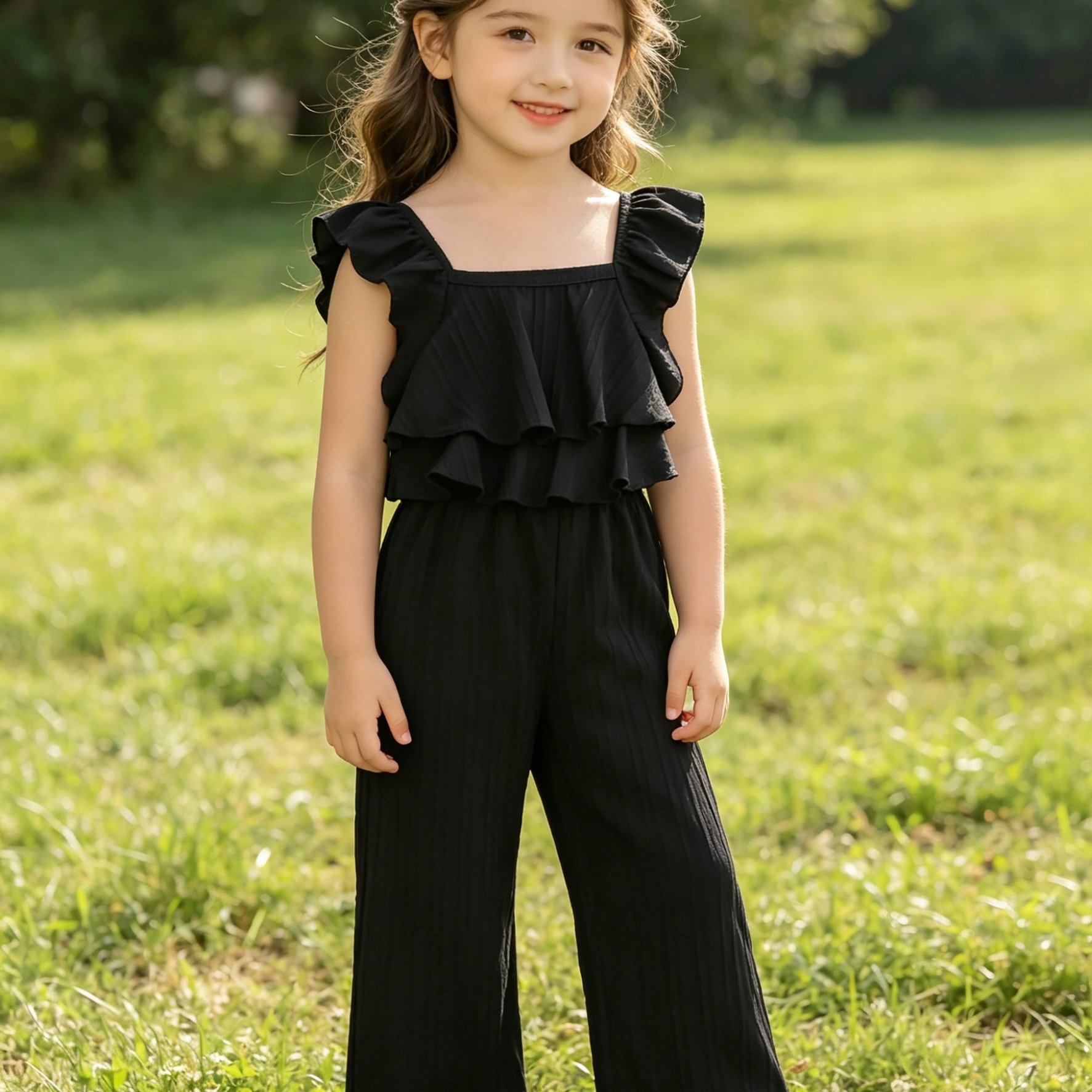 Image of Girls' Girly Summer Outfit, Easy Casual Black All-match Jumpsuit, Suitable For Summer - Party And Outdoor Activities, For Outdoor