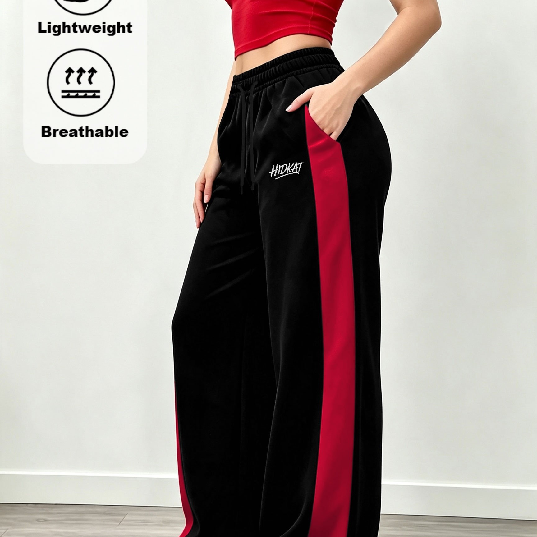 TEMU Women's Full-length Wide- Trousers - Straight- Floor-sweeping Pants With Drawstring Waist, Contrast Side Stripes & Letter Embroidery, Diagonal