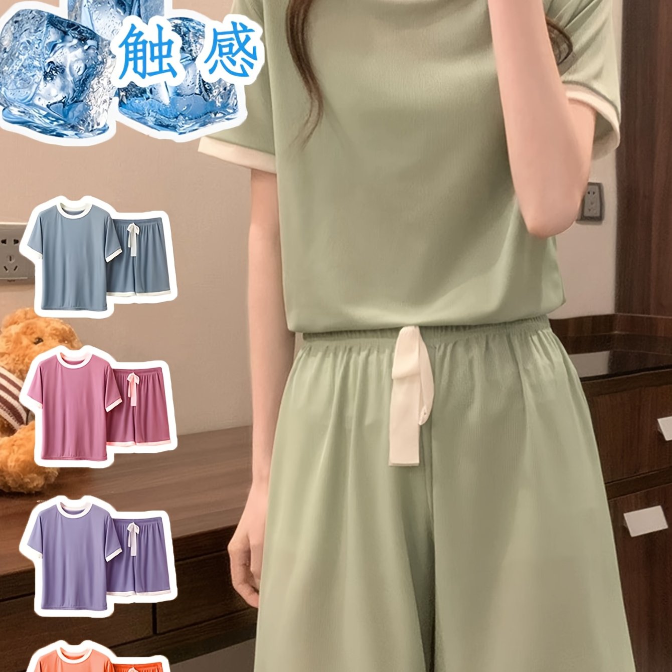 TEMU 【韓国風トレンド】夏用パジャマセット - レディース 半袖＆ショートパンツ、ファッショナブルなラウンジウェア、ルーズで快適、通気性があり洗濯機で洗えるカジュアルなナイトウェア。パジャマ、フェイクドロー付き、無地、