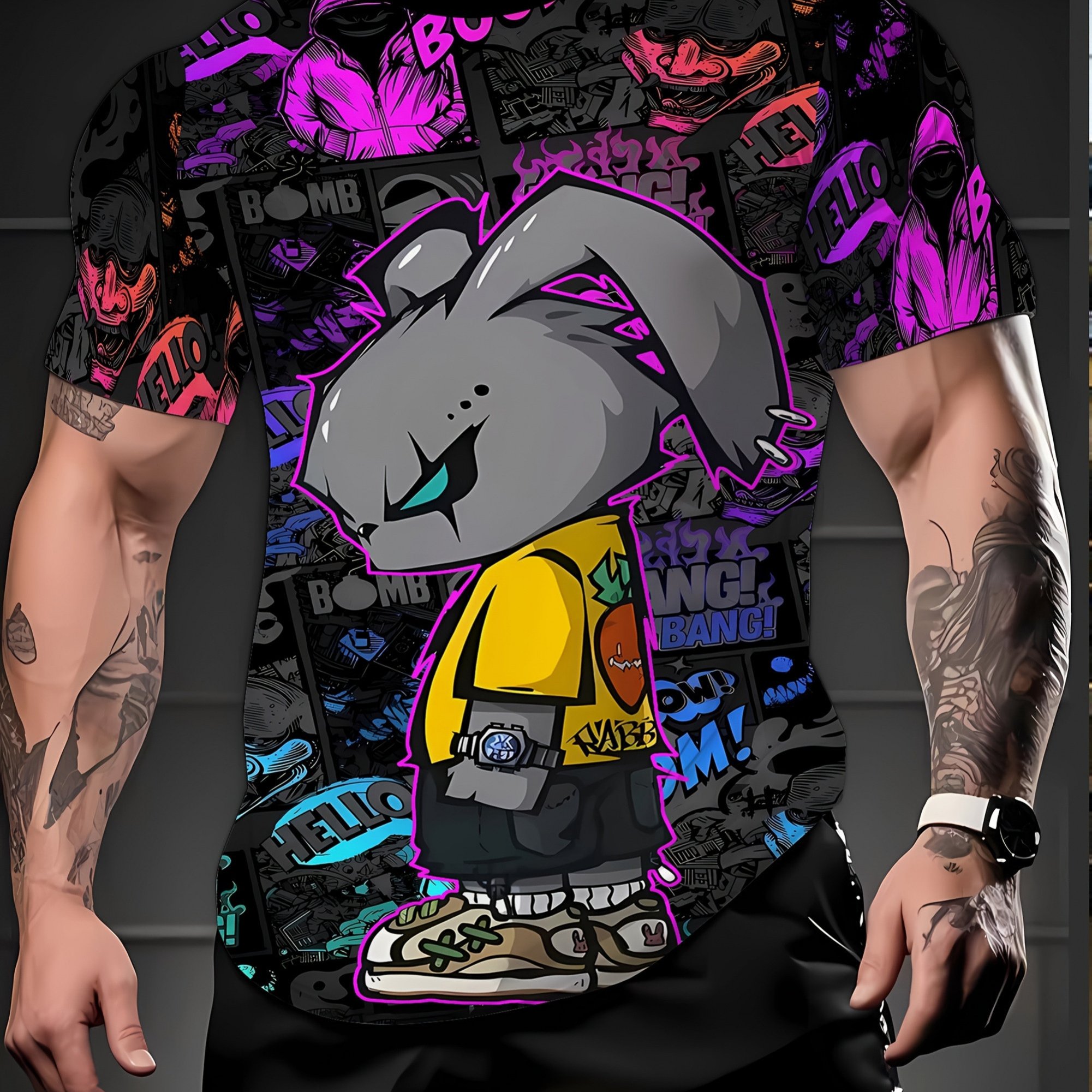 TEMU 2026 New Cute Cartoon Rabbit Pattern Print, Graffiti Background, Stylish Streetwear For Men In Large Sizes With Short Sleeves