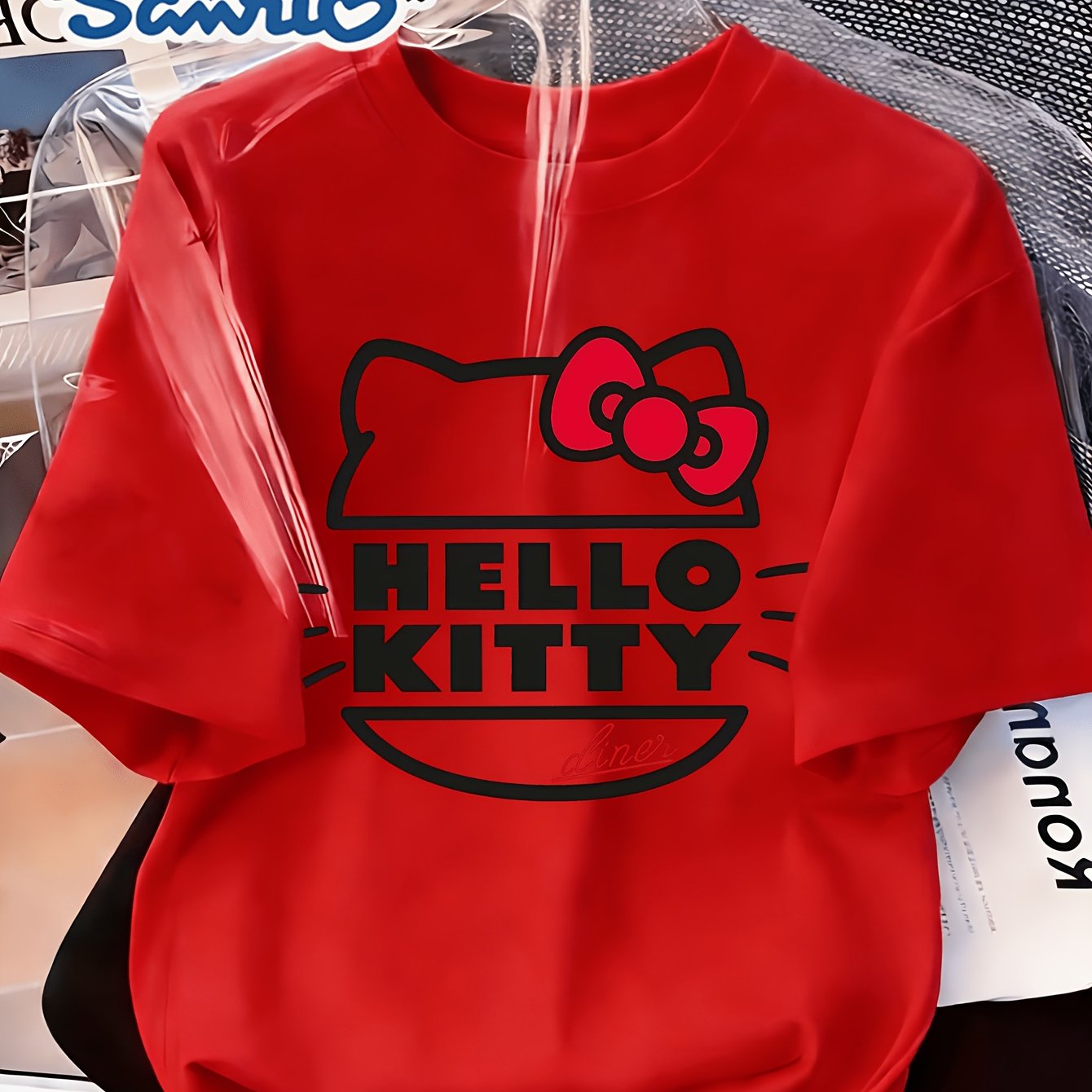 Hello Kitty Women's & Short-sleeve T-shirt - Hello Kitty Face Print, Soft Round Neck, Loose Neck Blouse Top, Machine Washable Anime Shirt Suitable For Spring/summer Casual Wear, Outfits