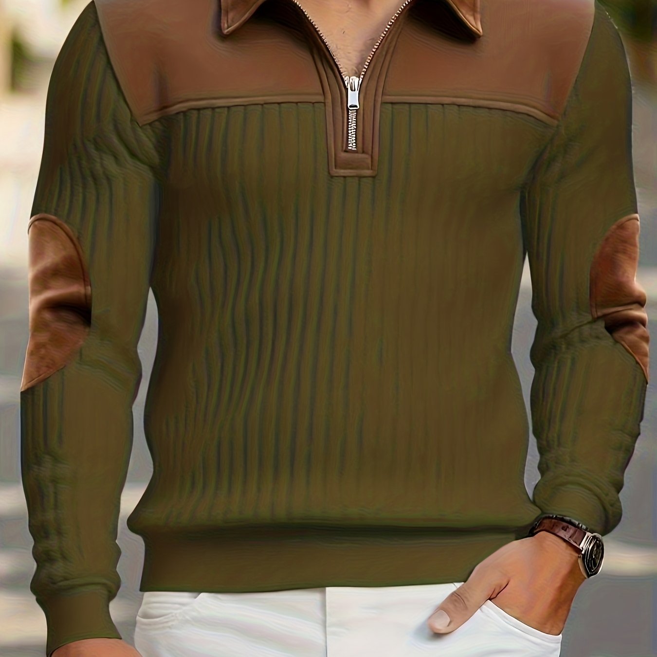 TEMU Men's Spring Autumn Color-block Stand Collar Zipper Textured Casual Shirt Easy Versatile Individual Long Sleeve Top
