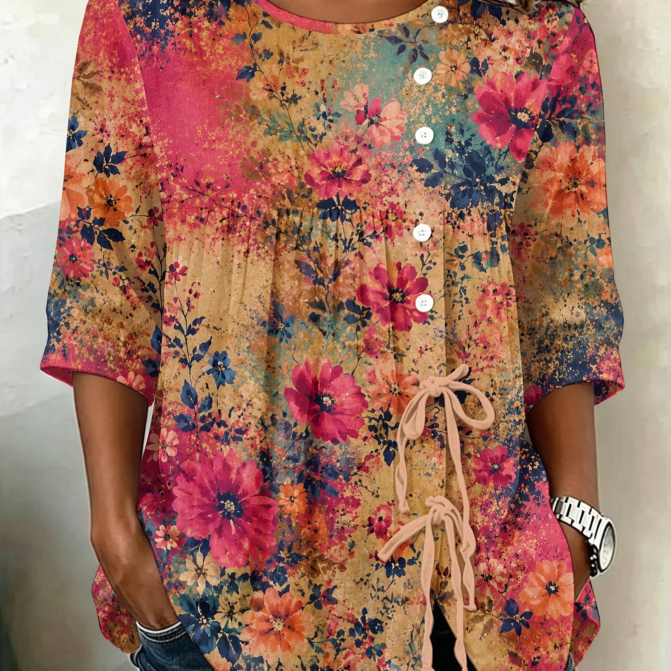 TEMU Plus Size, Abstract Red Floral Print Plus Size Womens Button Up Blouse Extra Long Tee Essential Spring Summer Trend High Quality Pattern Durable