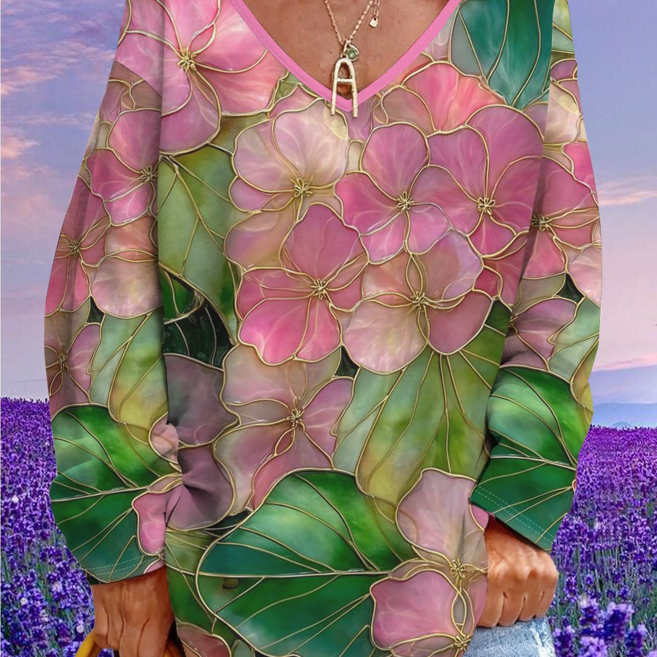 TEMU Blouse à manches longues et col en V imprimée d'hortensias roses pour femmes grande taille - T-shirt ample pour printemps/automne, tenue