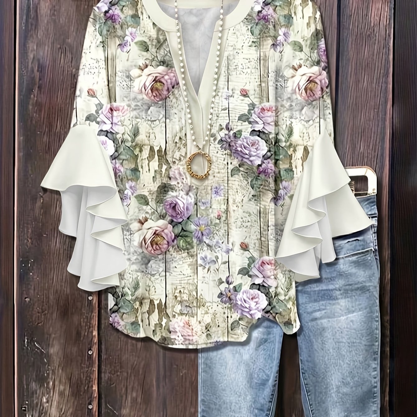 TEMU Plus Size, Plus Size Women's Shirt Top, New Summer Fashion Printed V-neck Three-quarter Sleeve Blouse