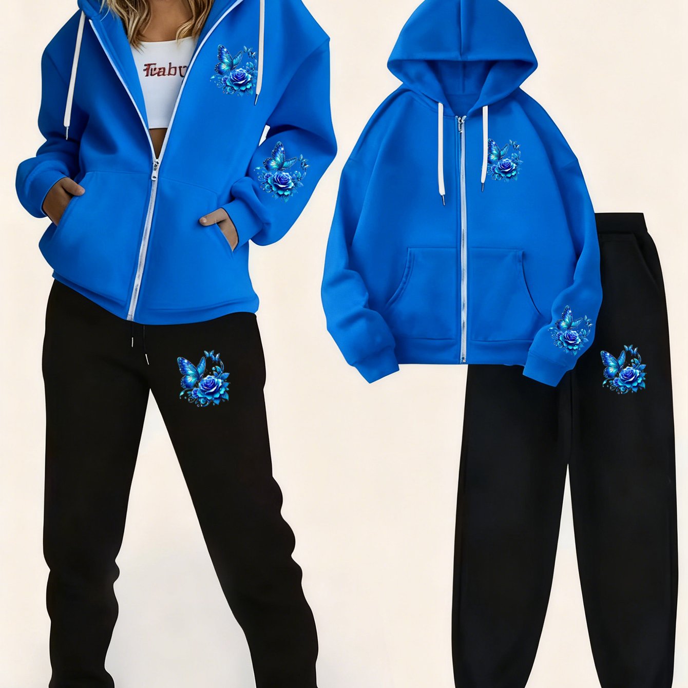 TEMU A Women's Plus-size Zip-up Hoodie And Sweatpants Two-piece Set Featuring A Blue- Rose Theme With 3 Prints. It Has A Relaxed Style, Is Machine