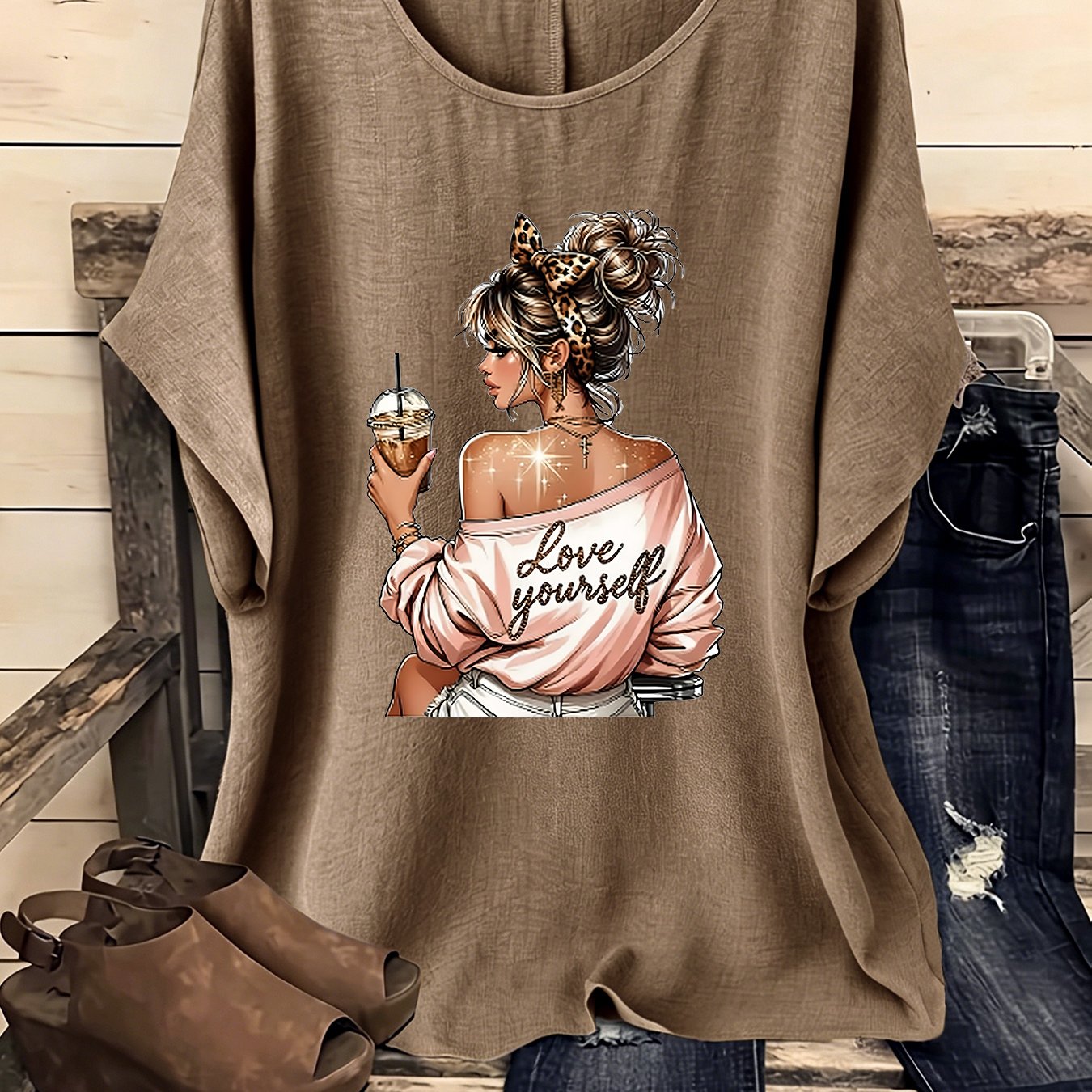 TEMU Western Style Easy Creative Printed Casual Round Neck Drop Shoulder Sleeve Shirt, Elegant Party Women's Wear, Spring Summer Autumn Winter Style,