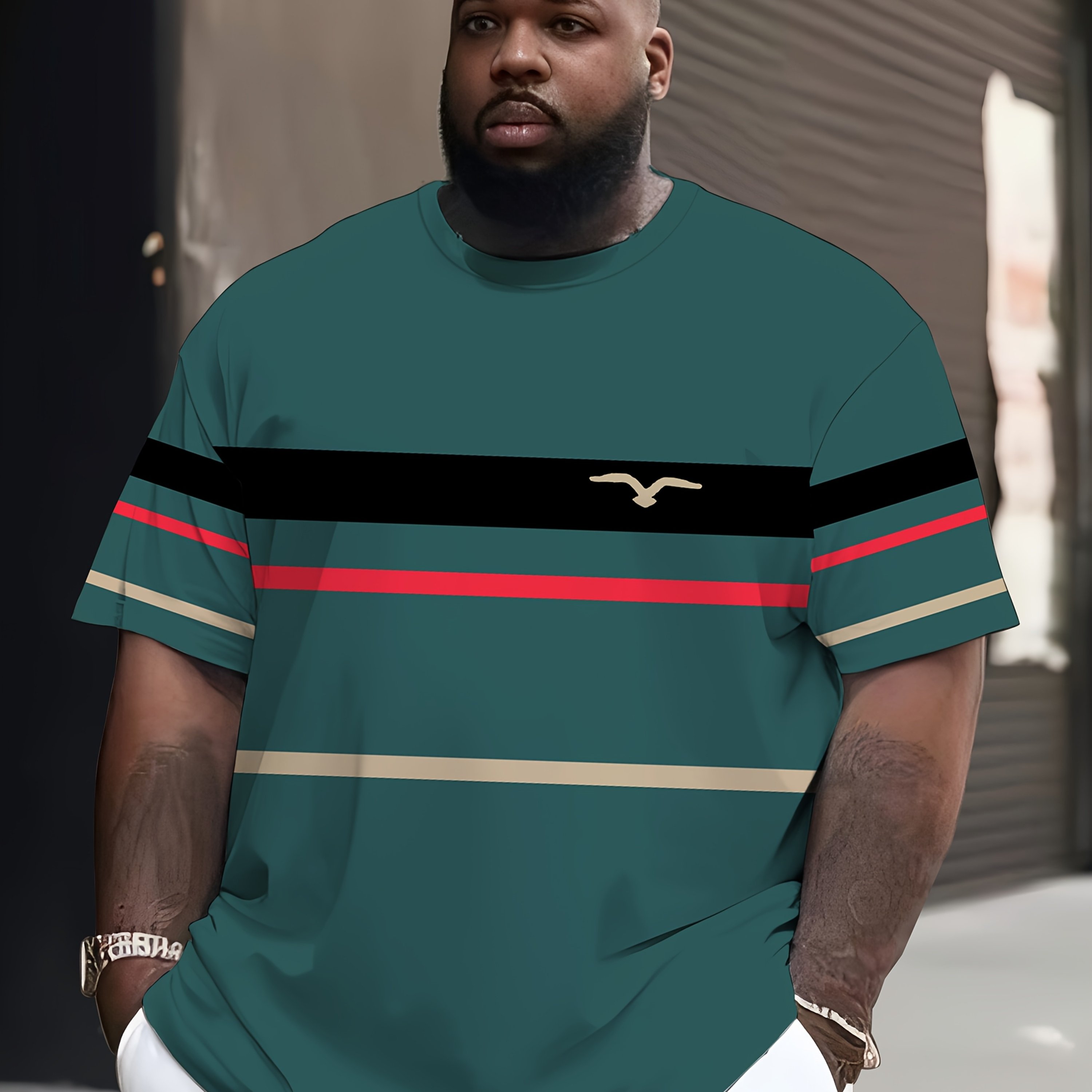 TEMU Men's Oversized Printed T-shirt With Striped , A Casual And Suitable For Hiking, Running, Fitness, And , Featuring A Fashionable Street Style,