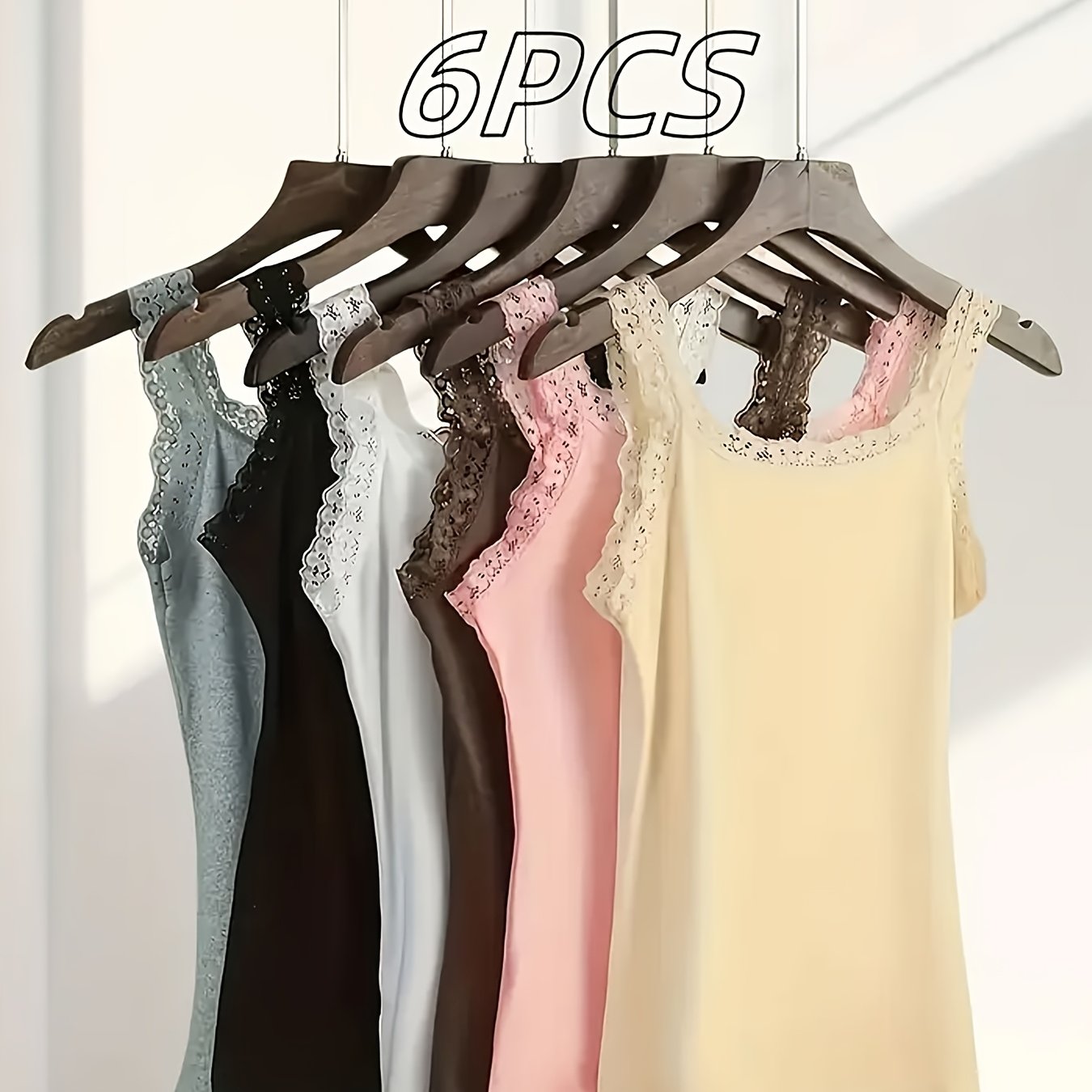Set Of 6 Plus-size Women's Lace Tank Tops, Featuring A Round Neck, Sleeveless Design, Versatile For , Opaque, And Suitable As A Stylish Plus-size Loungewear Top.
