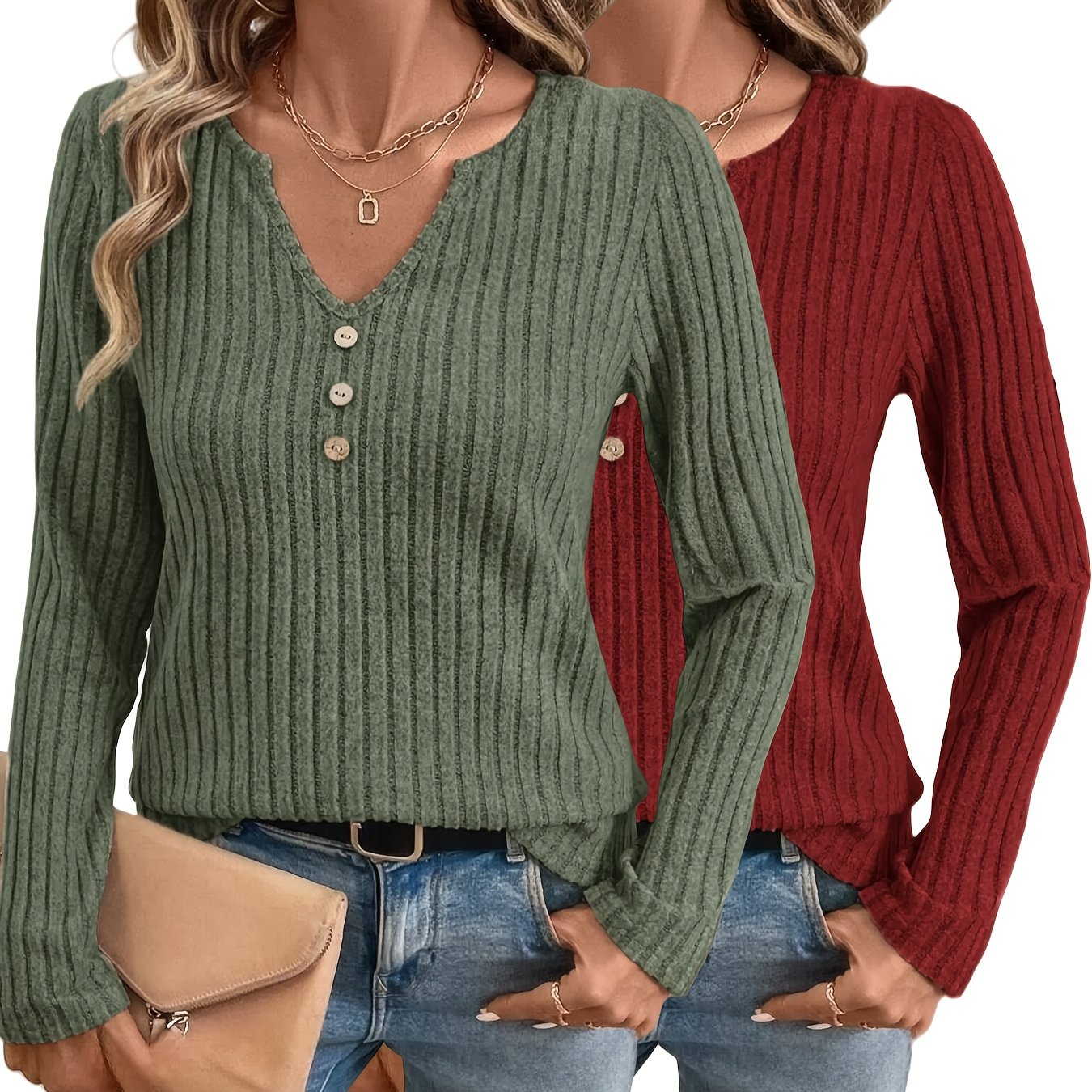 E-shop 2 Stück Damen Herbst Rippen V-Ausschnitt Casual Uni-Farben Langarm T-Shirt Oberteil