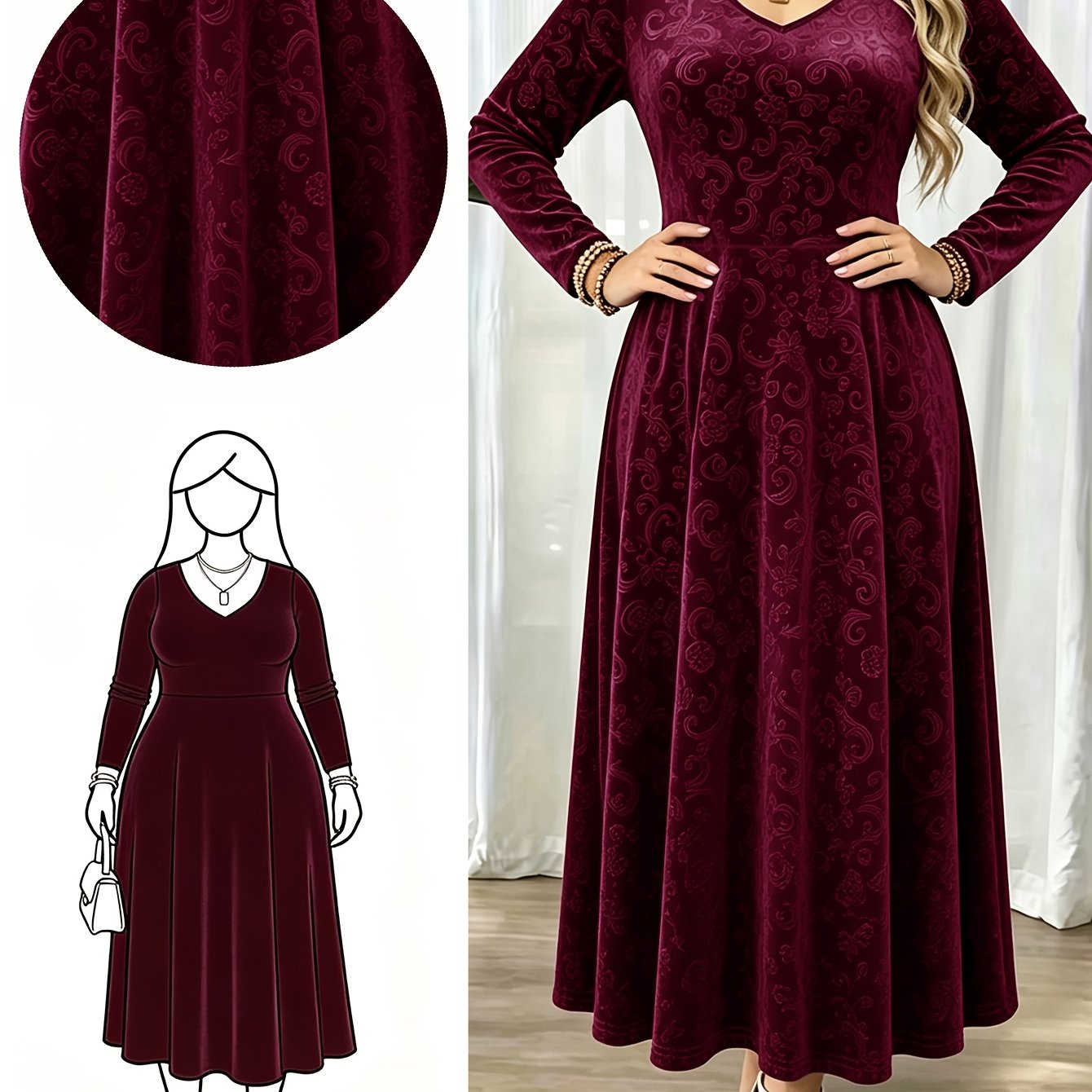 Plus Size, Size Women's Long Sleeve Dress With Embossed Velvet Fabric