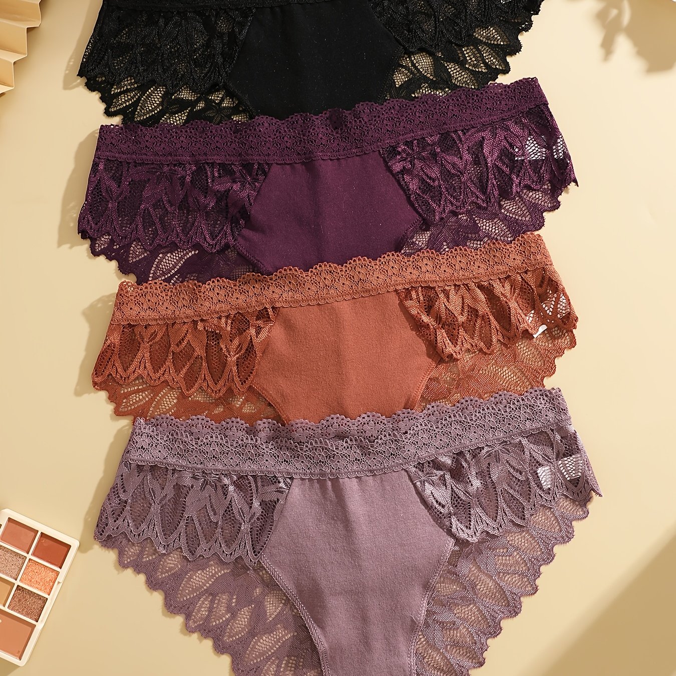 4pcs Women's Low-rise Solid Color Lace Underwear Briefs - Semi-sheer Panties With Low- (no), Minimalist Everyday Lingerie, Hand Washable (4 ) - Discreet & Comfortable For Daily Wear, For -