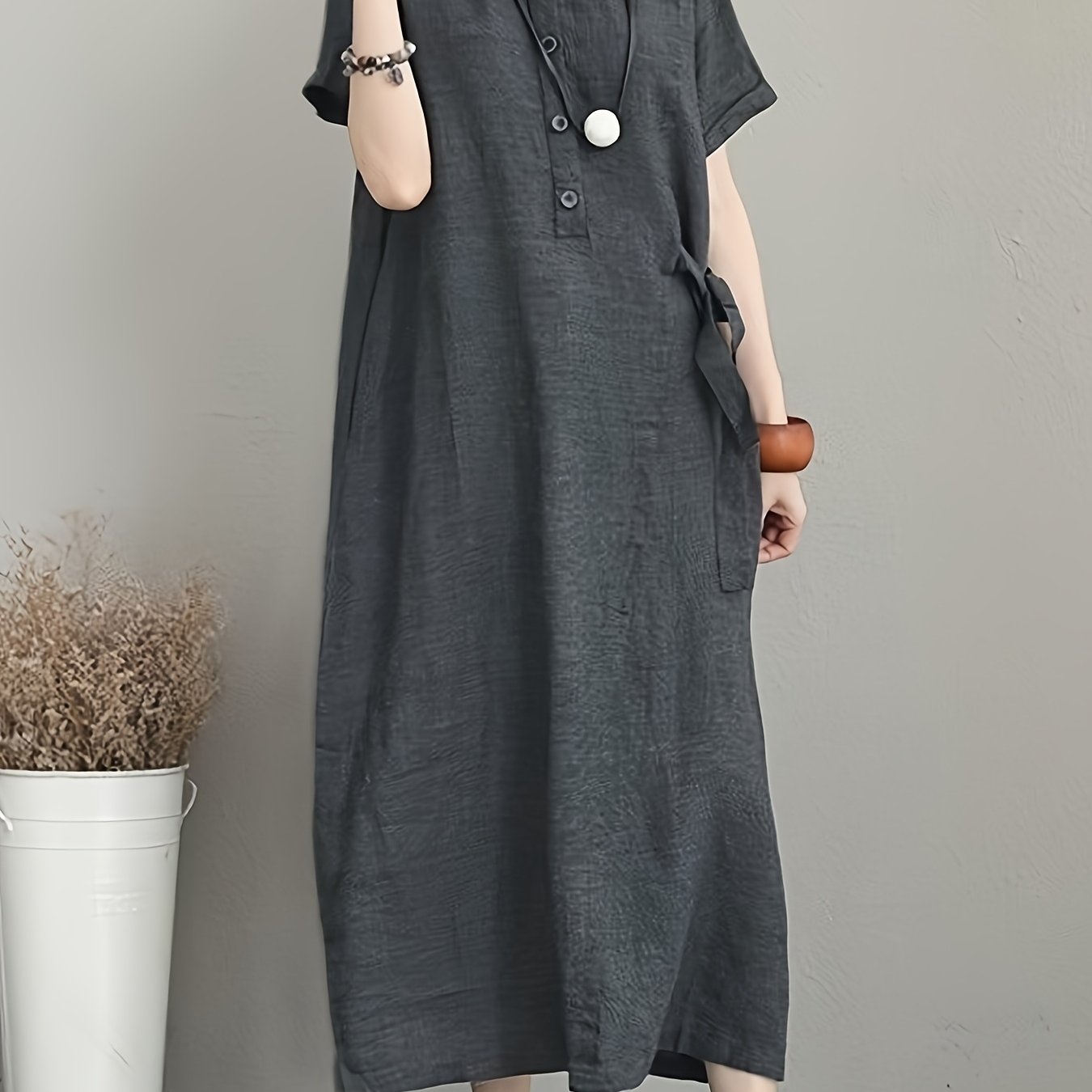TEMU 【商品名】夏 レディース ワンピース。レディース ラペル 半袖 ワンピース。無地 リネン ラペル レディース ファッション ワンピース