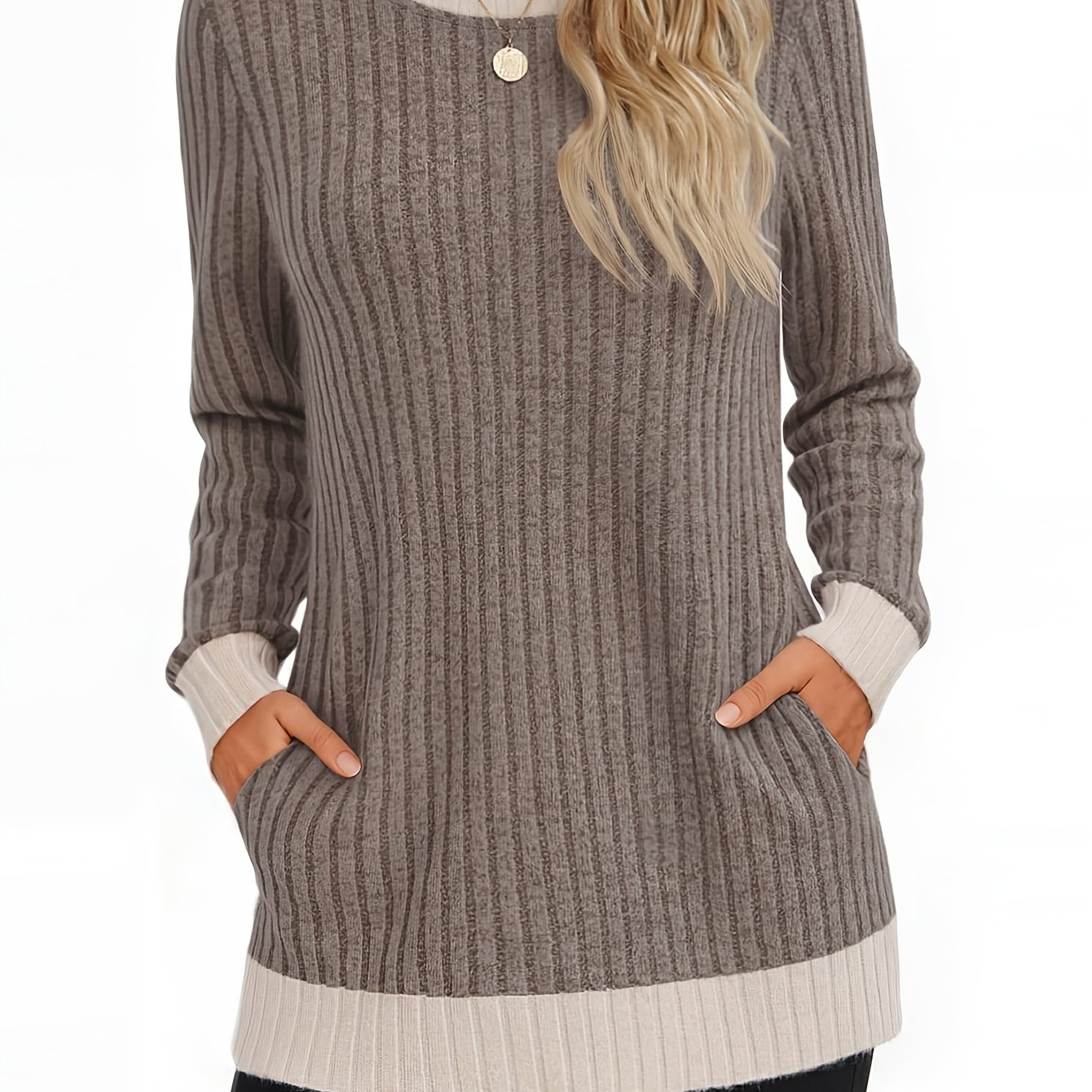 TEMU Women's Fashion Long Top, Comfortable Casual Color-block Basic Elegant Round Neck Long Sleeve T-shirt