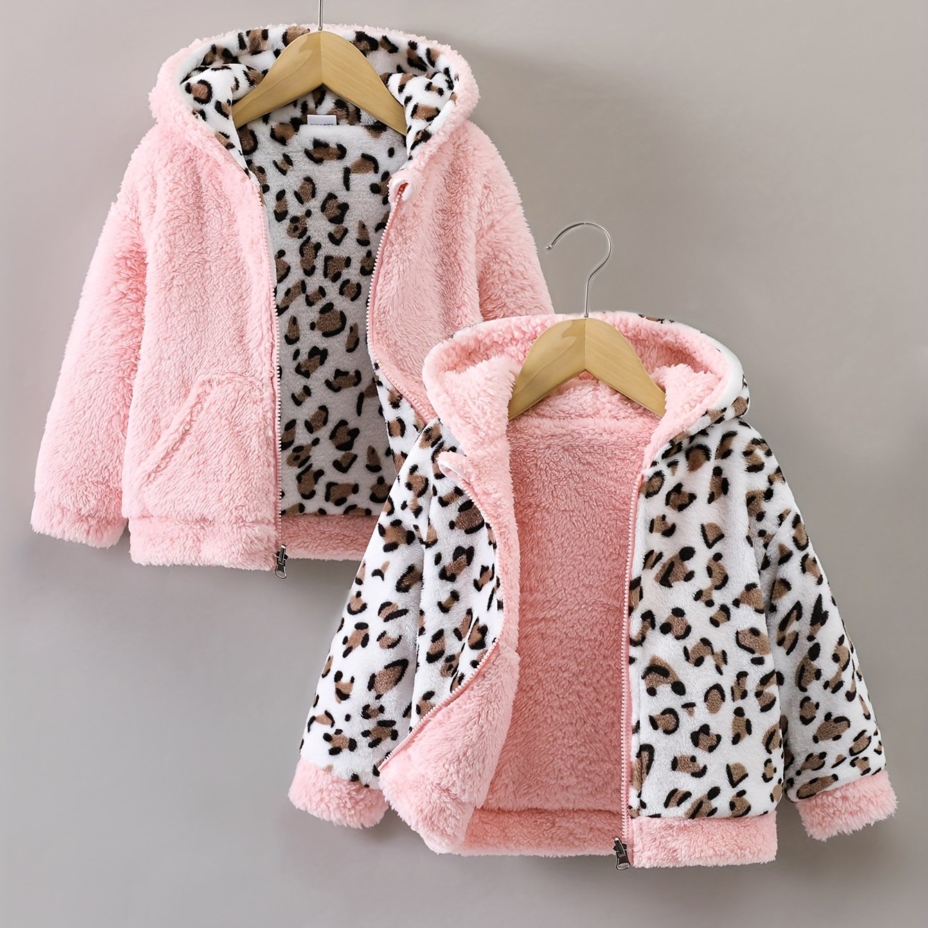 Image of Kids Girls' Toddler Fall/winter Thickened -lined Warm Reversible Faux Fur Leopard Print Hooded Cardigan