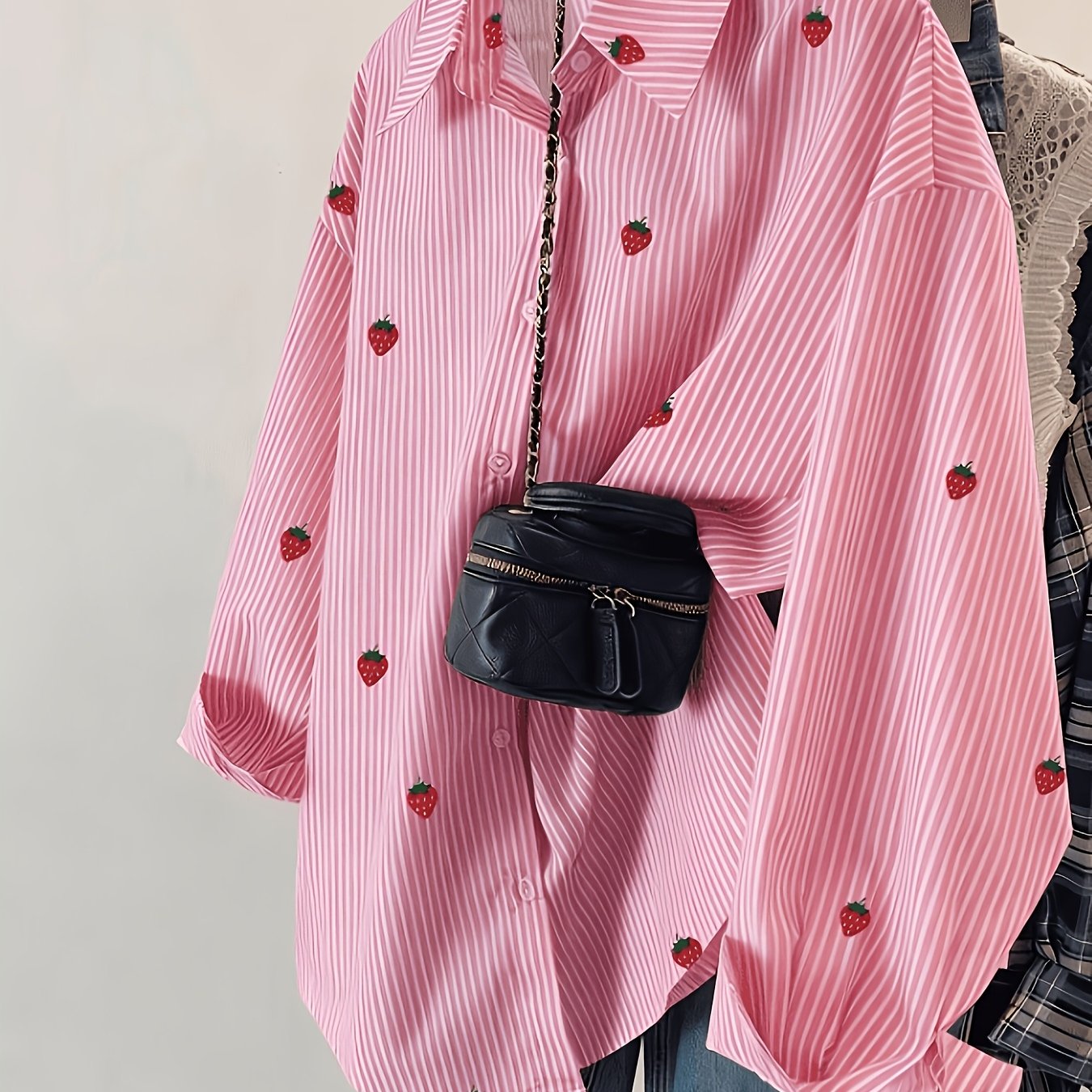 TEMU Zhengzheng Directional Women's Elegant Loose Strawberry Print Striped Lapel Long Sleeve Casual Shirt