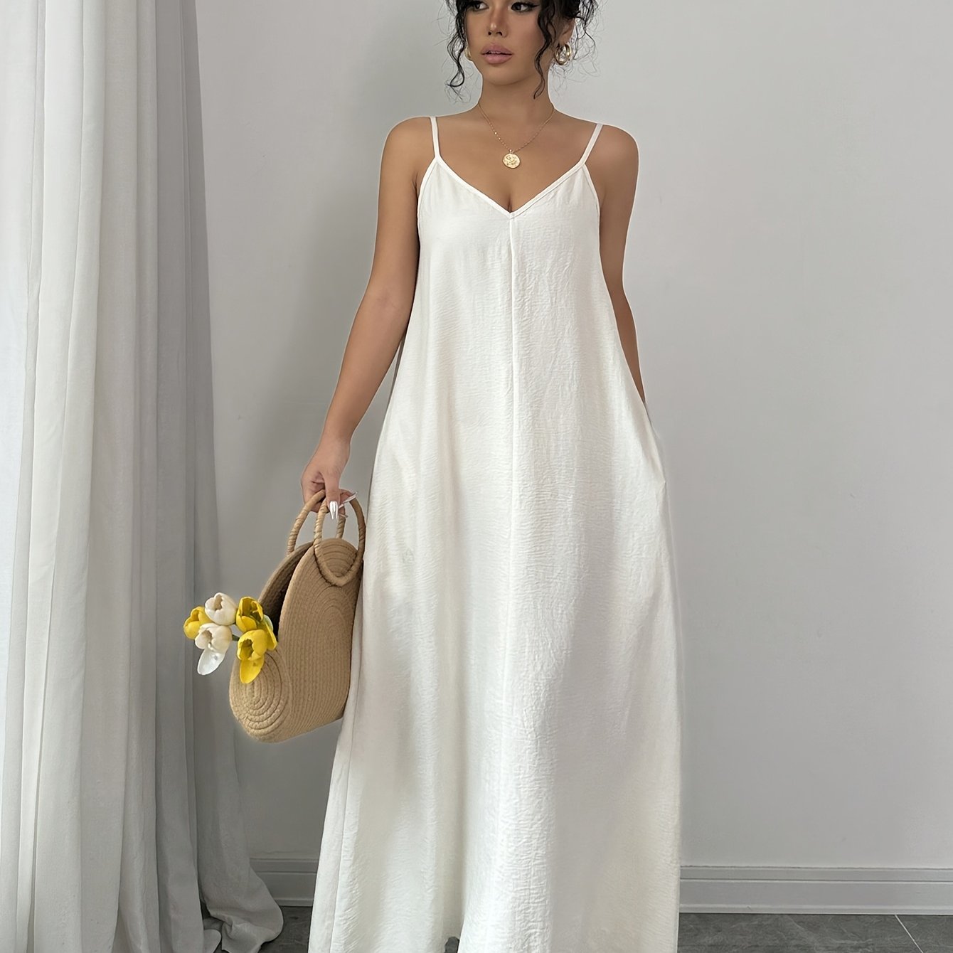 1pc White V-neck Long Sleeve Maxi Dress, Solid Color Summer Casual Cami Dress