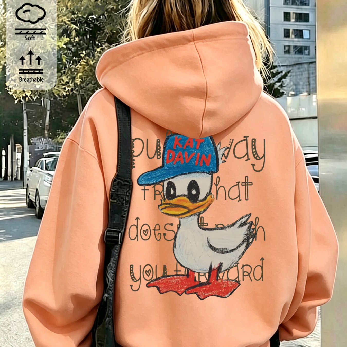 Image of Autumn Winter Women's Hoodie With Retro-futuristic Y2k Cartoon Duck Print, Casual Drawstring Pullover Sweatshirt