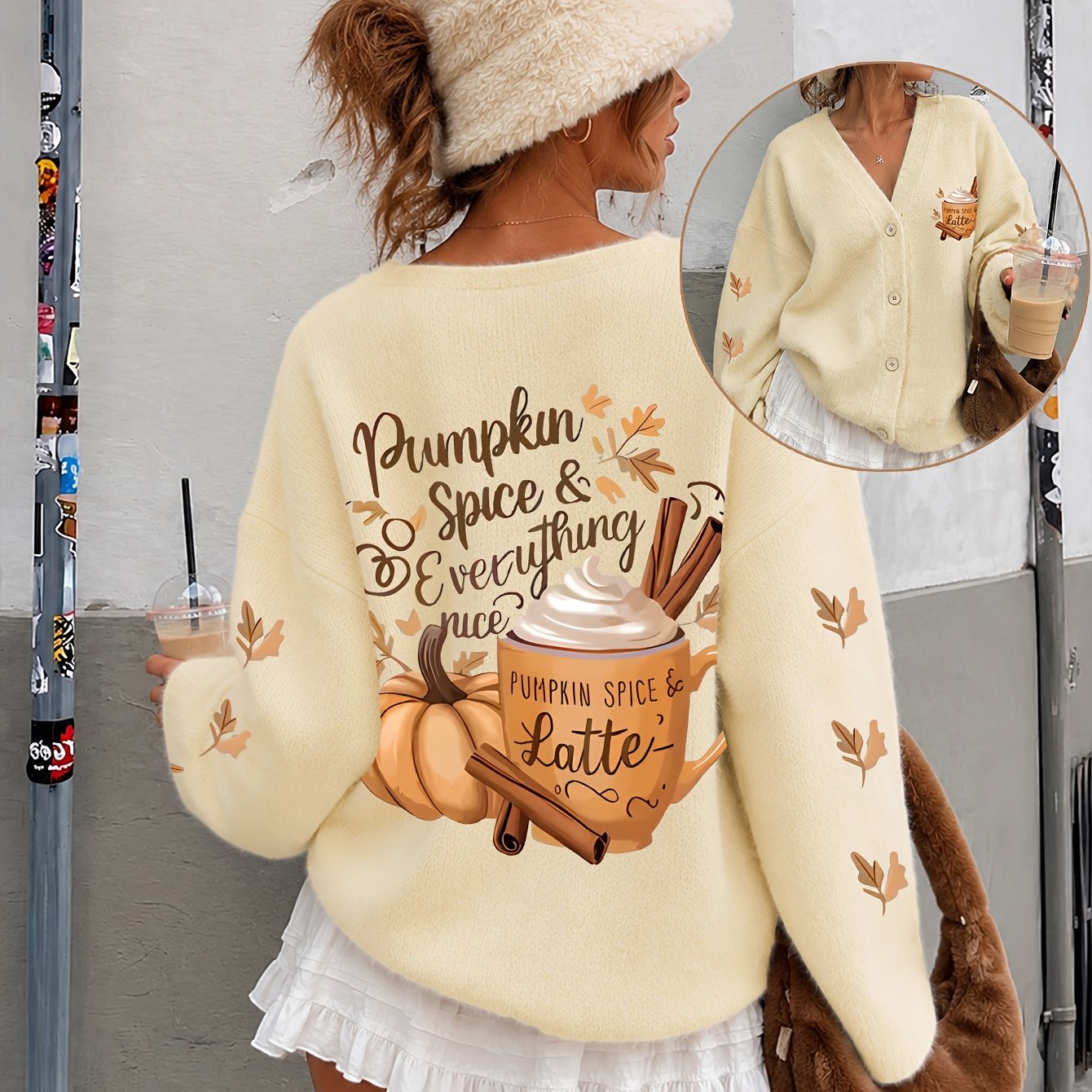 TEMU Cardigan pull-veste pour femme, automne/hiver, amusant, à imprimé « motif à la citrouille », et confortable pour un , style rue vintage,
