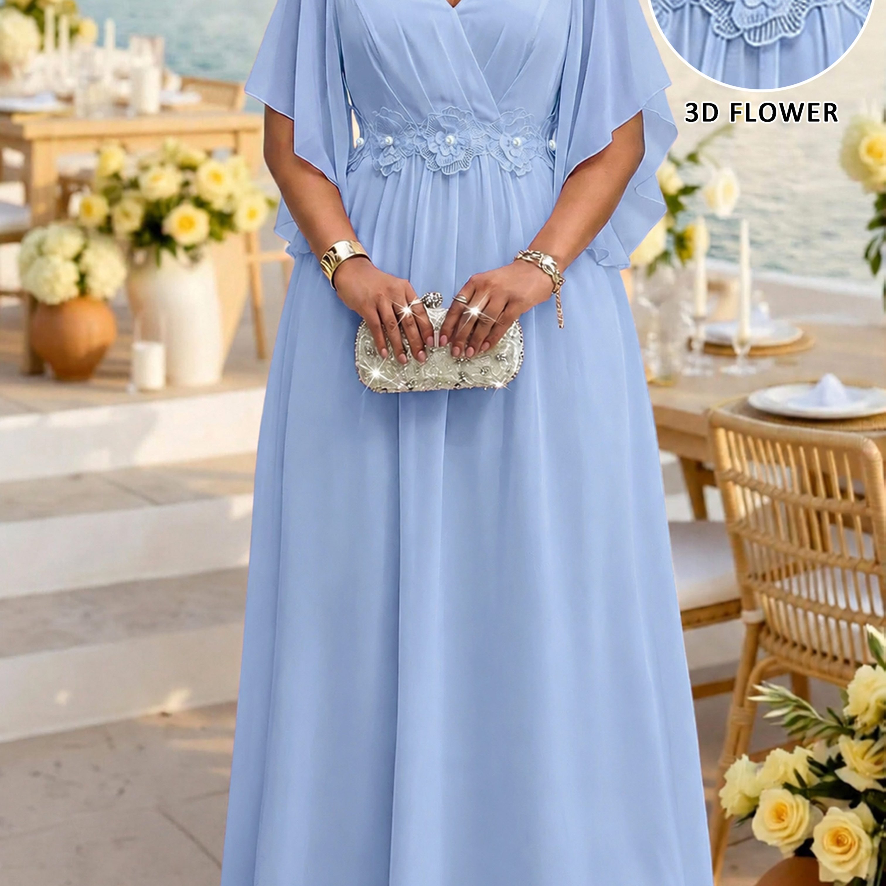 TEMU Robe longue maxi grande taille pour femme, couleur unie, avec col en V , en mousseline de soie, taille marquée, motif floral 3D, manches évasées