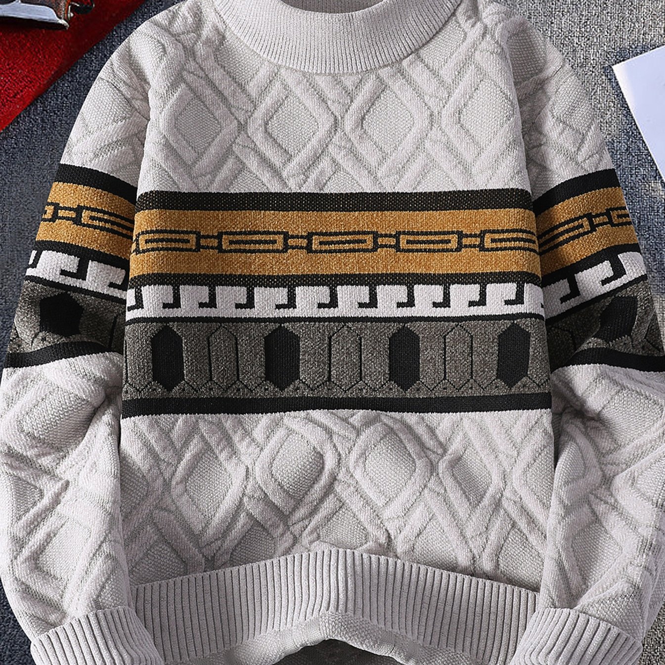 TEMU Men's Round Neck Striped Knit Sweater, Autumn Winter Youth Fashion Jacquard Thickened Sweater 1025-3