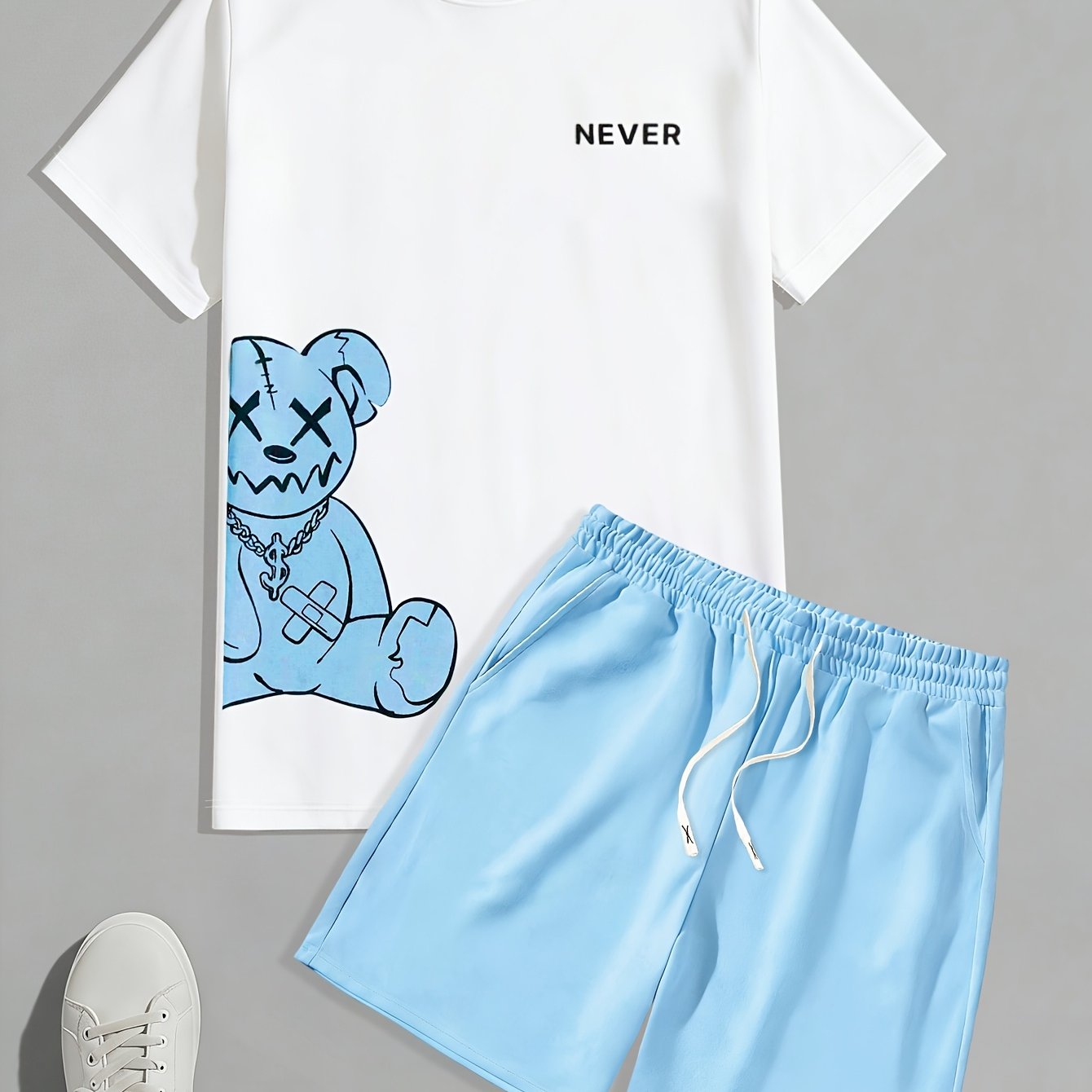 TEMU 2pcs Men's Casual Short Sleeve T-shirt And Drawstring Shorts Set, Trendy Print Design, Comfortable And Breathable Fabric, Suitable For Outdoor