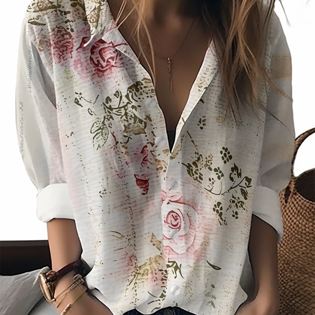 TEMU New Women's Long Sleeve Shirt In Light Beige With Floral Print, Roses And Green Leaves, Versatile Casual Top For Holiday Parties And Commuting,