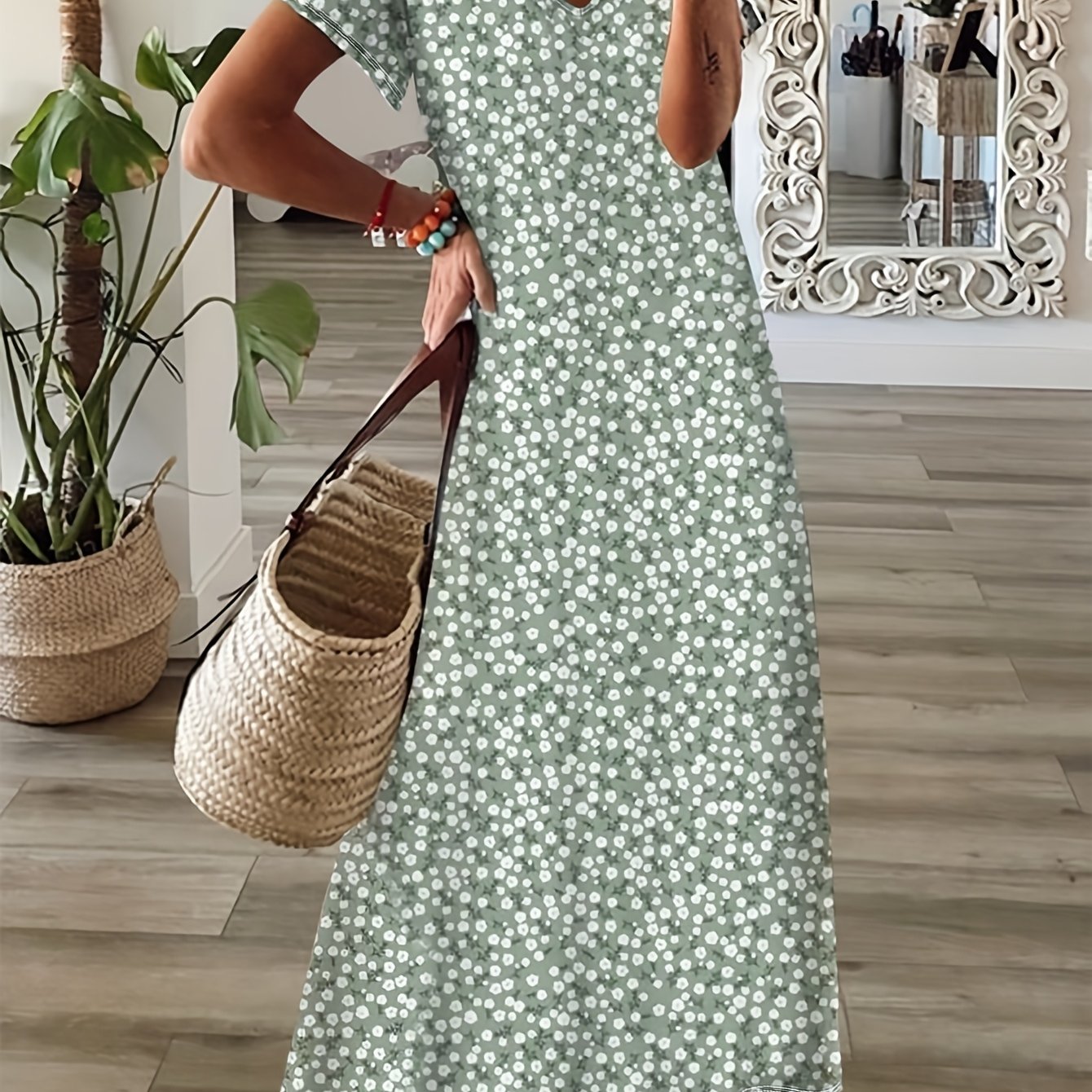Spring, Summer, Autumn Small Floral Holiday V-neck Women's Thin Elegant Long Dress