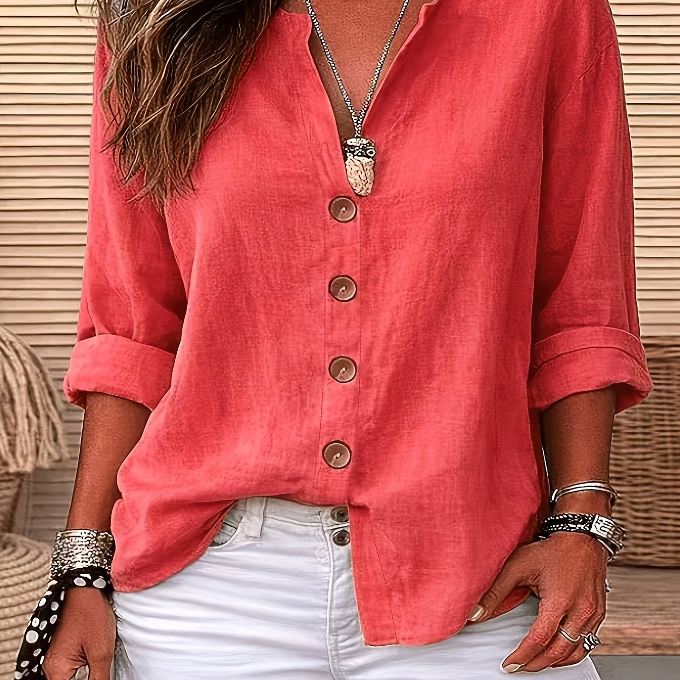 Image of Women' Color Loose Fit V-neck Button-up Commuter Versatile Casual Shirt Jydx