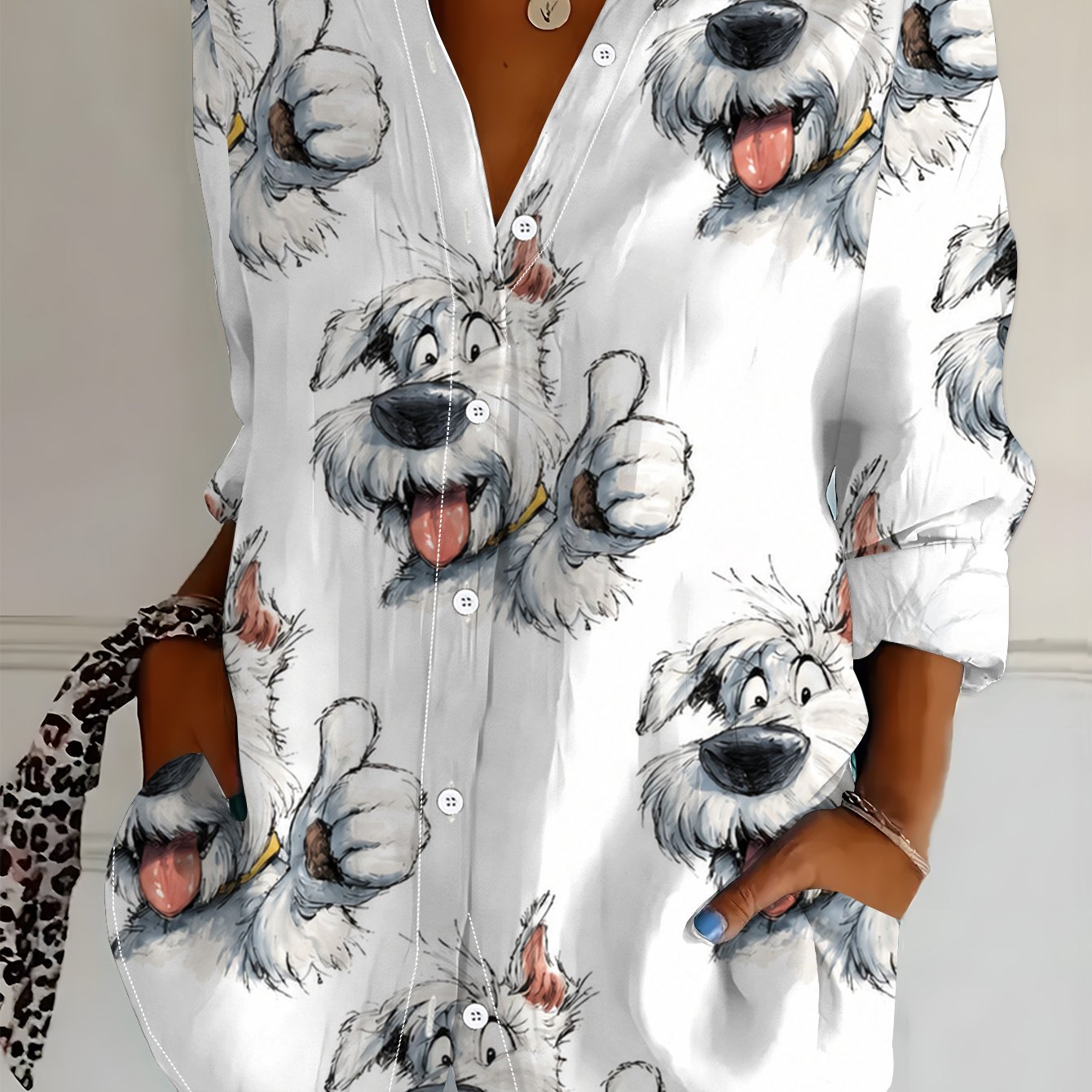 TEMU Plus Size, Summer Plus Size Women's Long Sleeve Shirt, Fashionable Casual Lapel Blouse For Women, Printed Design – Not Textured, Versatile