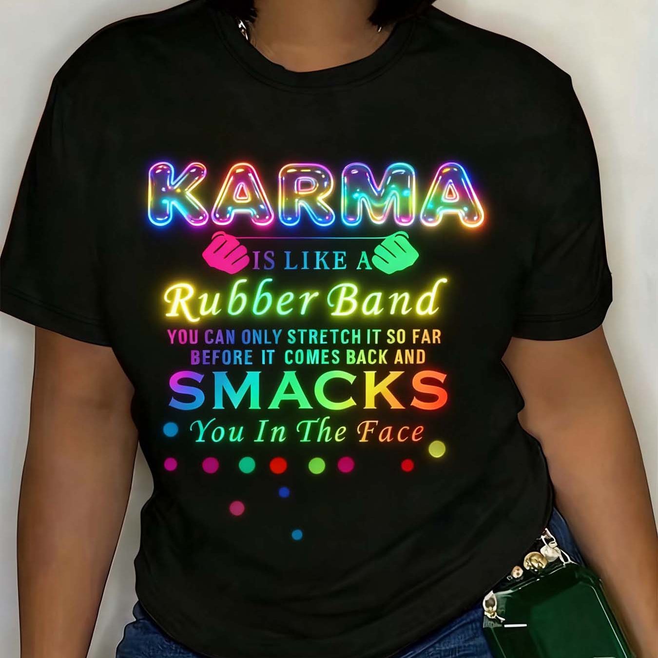 TEMU Karma Rubber Band Quote Letter Print Neon Colorful Graphic Plus Size Short Sleeve T-shirt For Women, Stylish Big Size Top For Curvy Ladies,