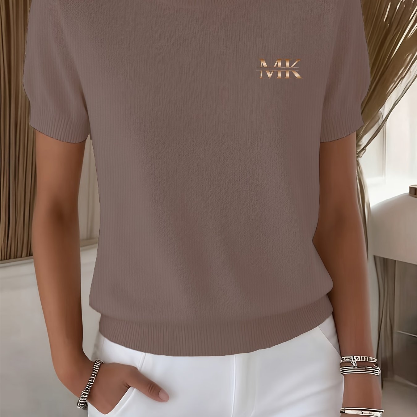 TEMU Women's Casual Sweater - Short Sleeve Loose Round Neck Pullover, Stretch Comfortable Top, Textured Design, Durable Fabric, Fashionable Knitwear,