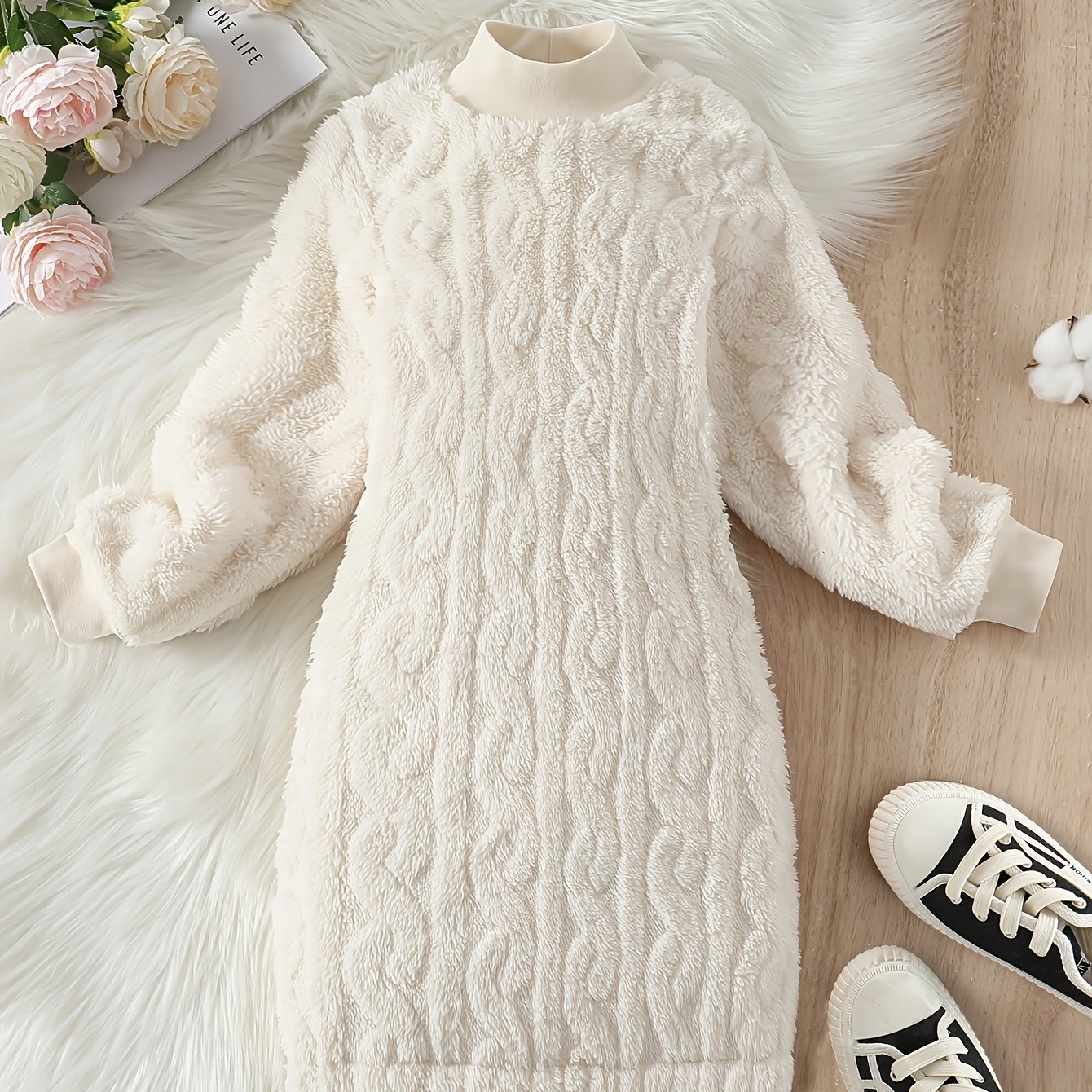 Image of Girls' Heart-embossed Plush High-neck Cute Long-sleeve Dress For Autumn/winter, With Ribbed Design, Comfortable Fabric, Perfect For Outdoors